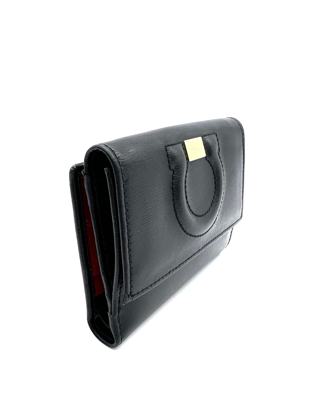 Salvatore Ferragamo Black Gancio Embossed Leather Flap Compact Wallet - Reeluxs 