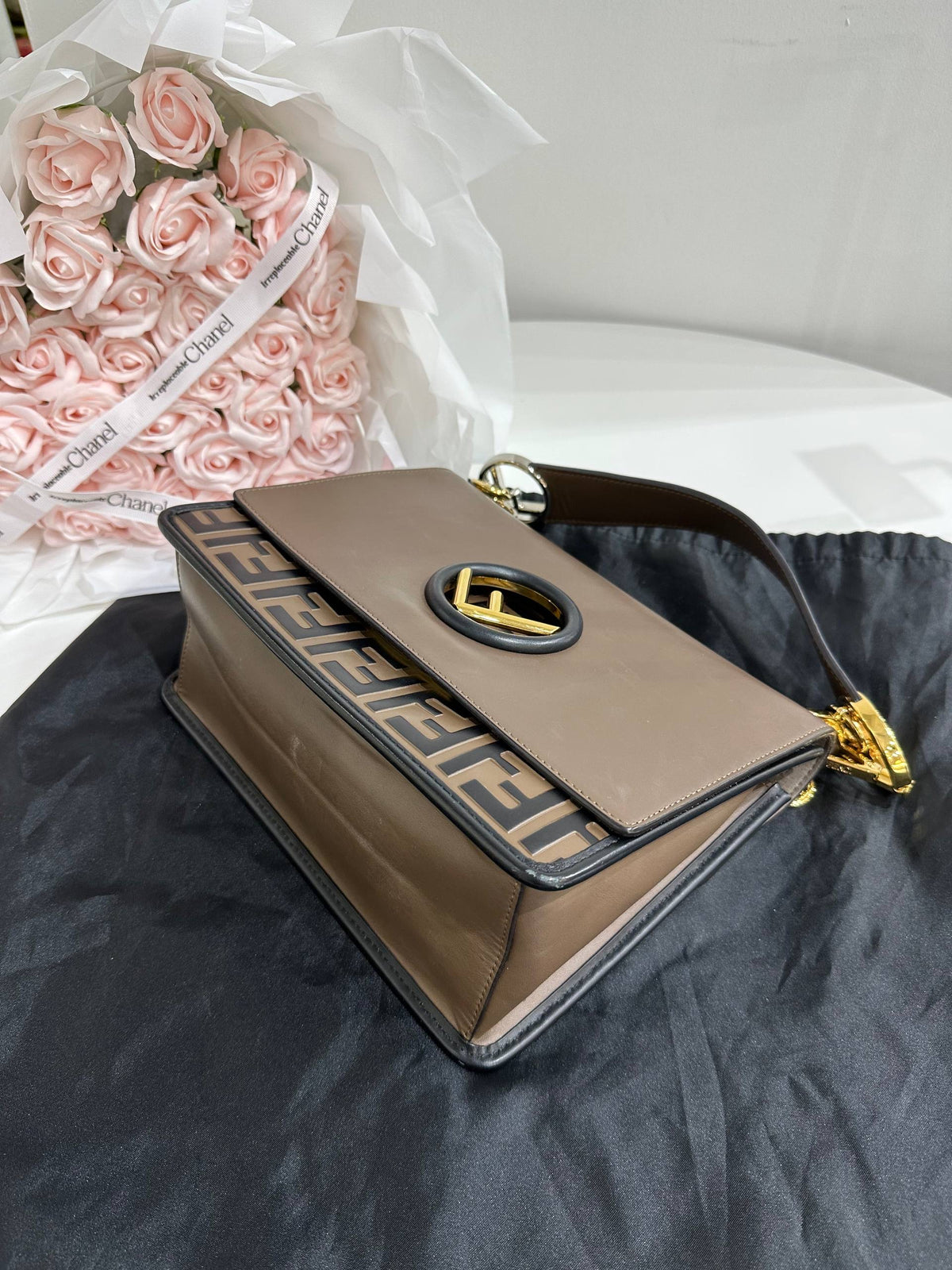 FENDI Kan I F Shoulder Bag in Taupe Brown Leather with FF Zucca Embossed Detail