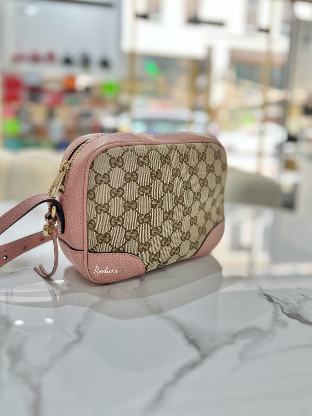 GUCCI Monogram Mini Bree Messenger Bag Beige Soft Pink For Lady