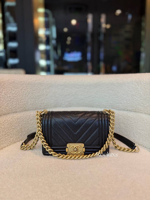 Chanel Small Boy Caviar Chevron Black