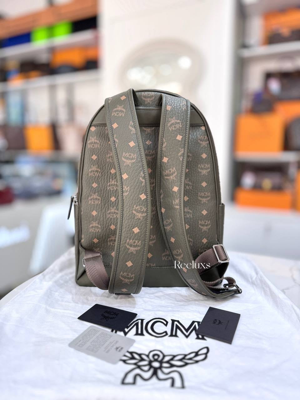 MCM Stark Visetos Backpack In Moss Green Color