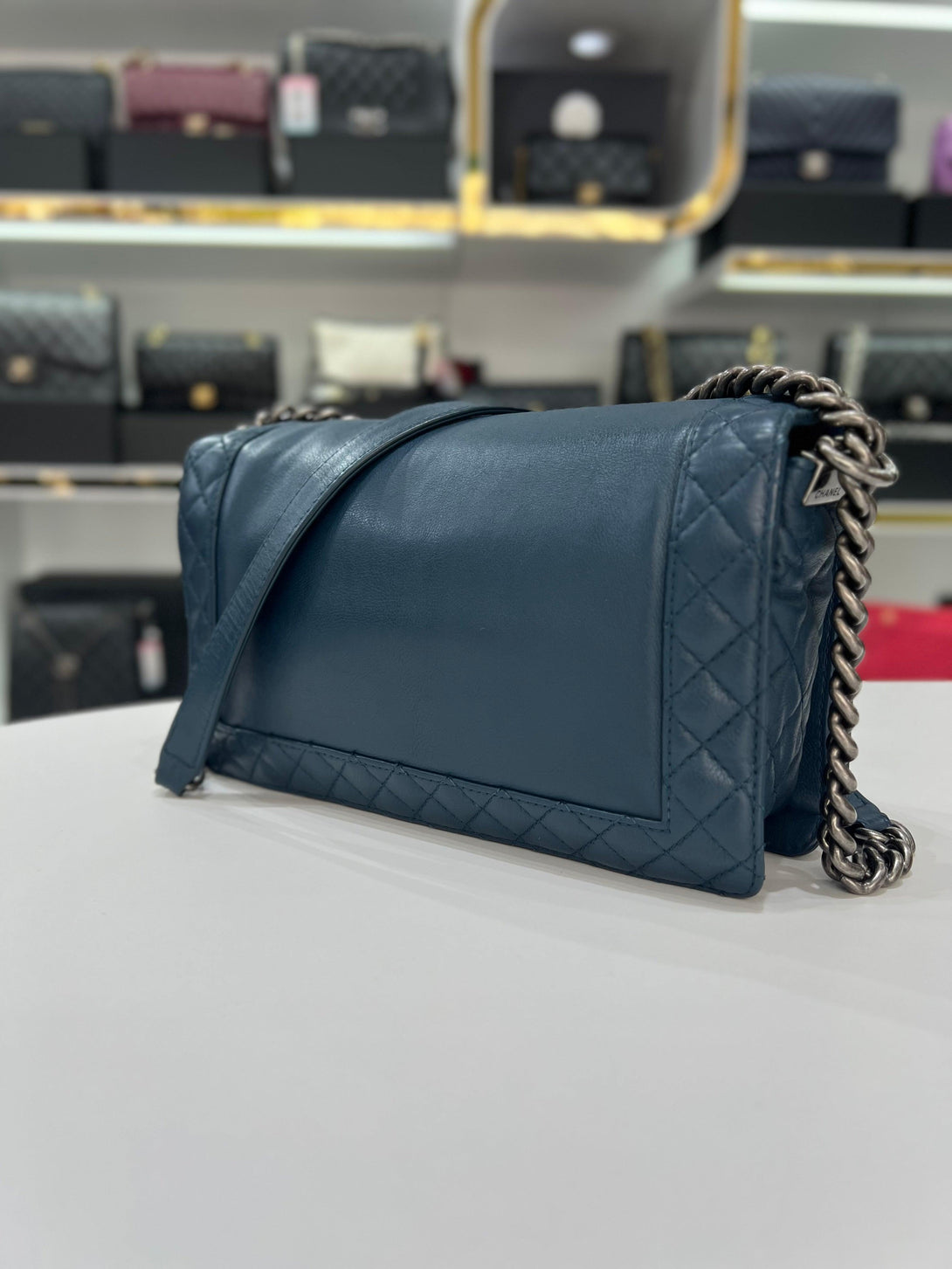 CHANEL Boy Calf Skin Size Blue Leather Flap Women’s Shoulder Bag - Reeluxs 