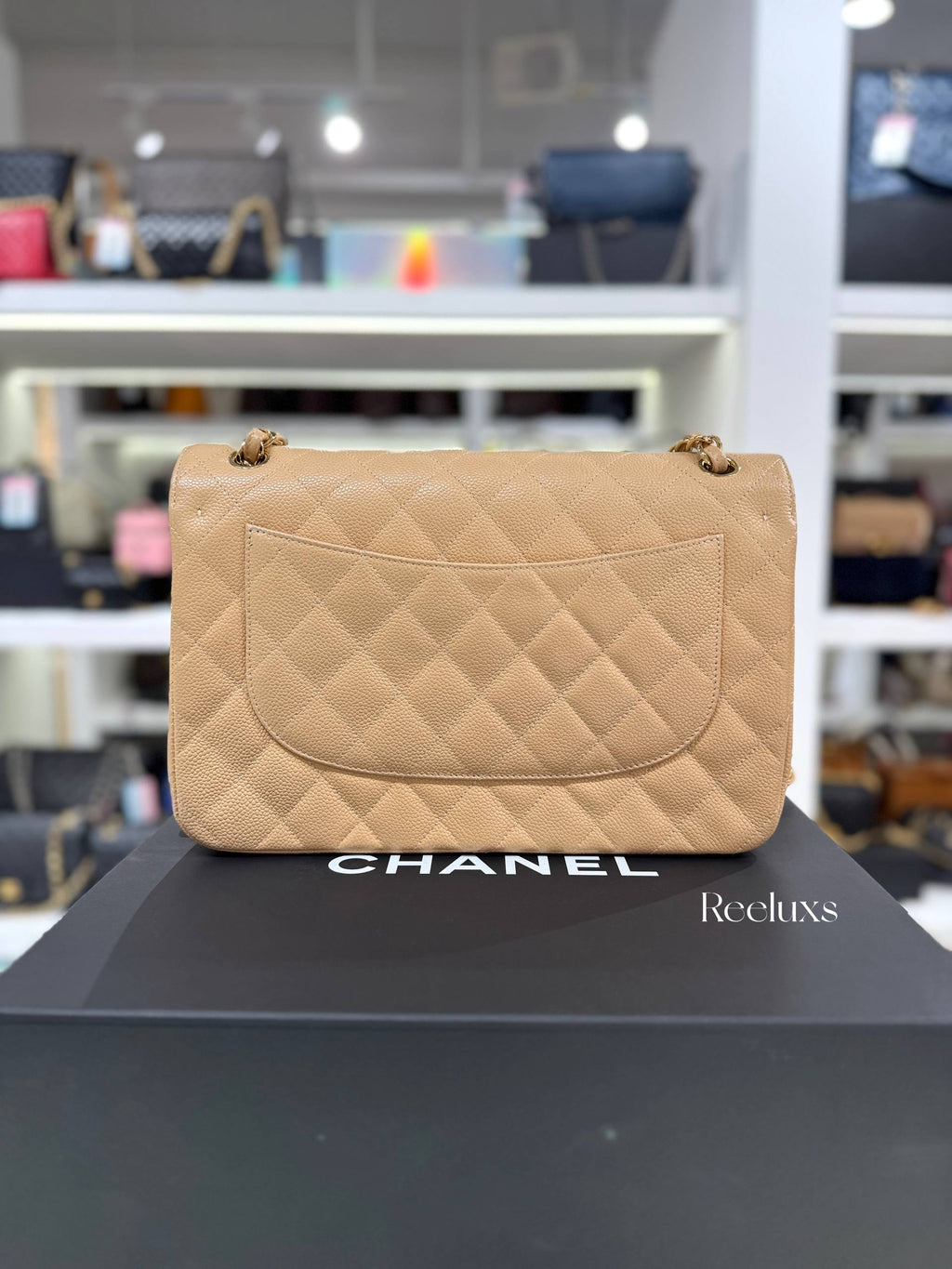 CHANEL Beige Quilted Caviar Leather  Jumbo Classic Double Flap Bag Full Set