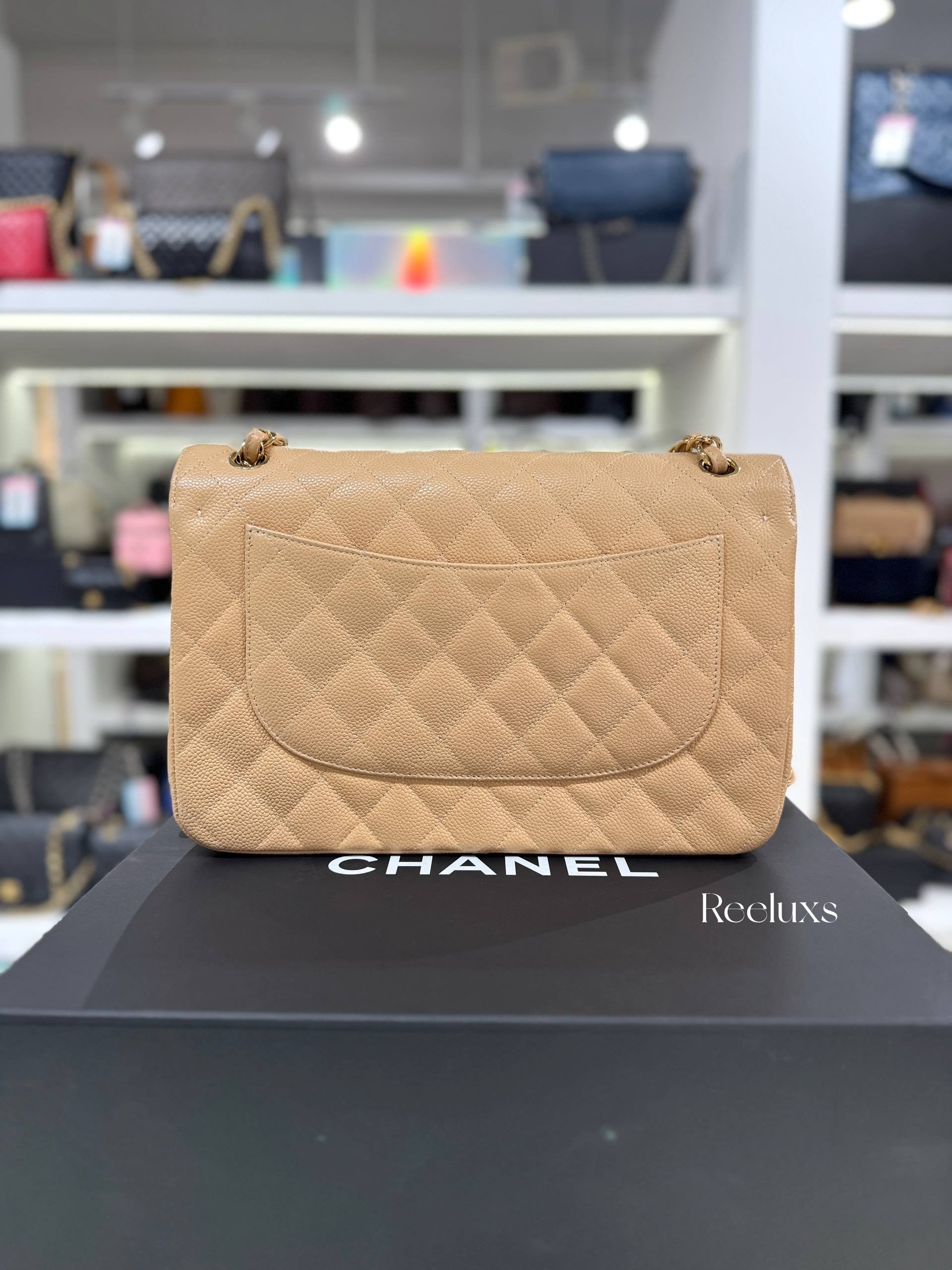 CHANEL Beige Quilted Caviar Leather  Jumbo Classic Double Flap Bag Full Set