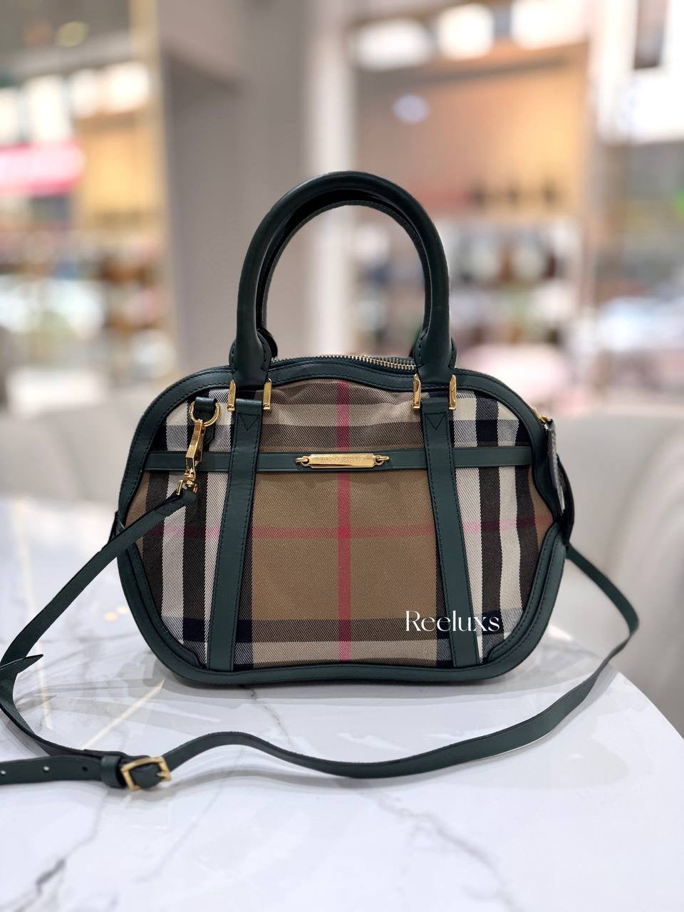 BURBERRY Green/Beige House Check Fabric and Leather Orchard Bowler Bag