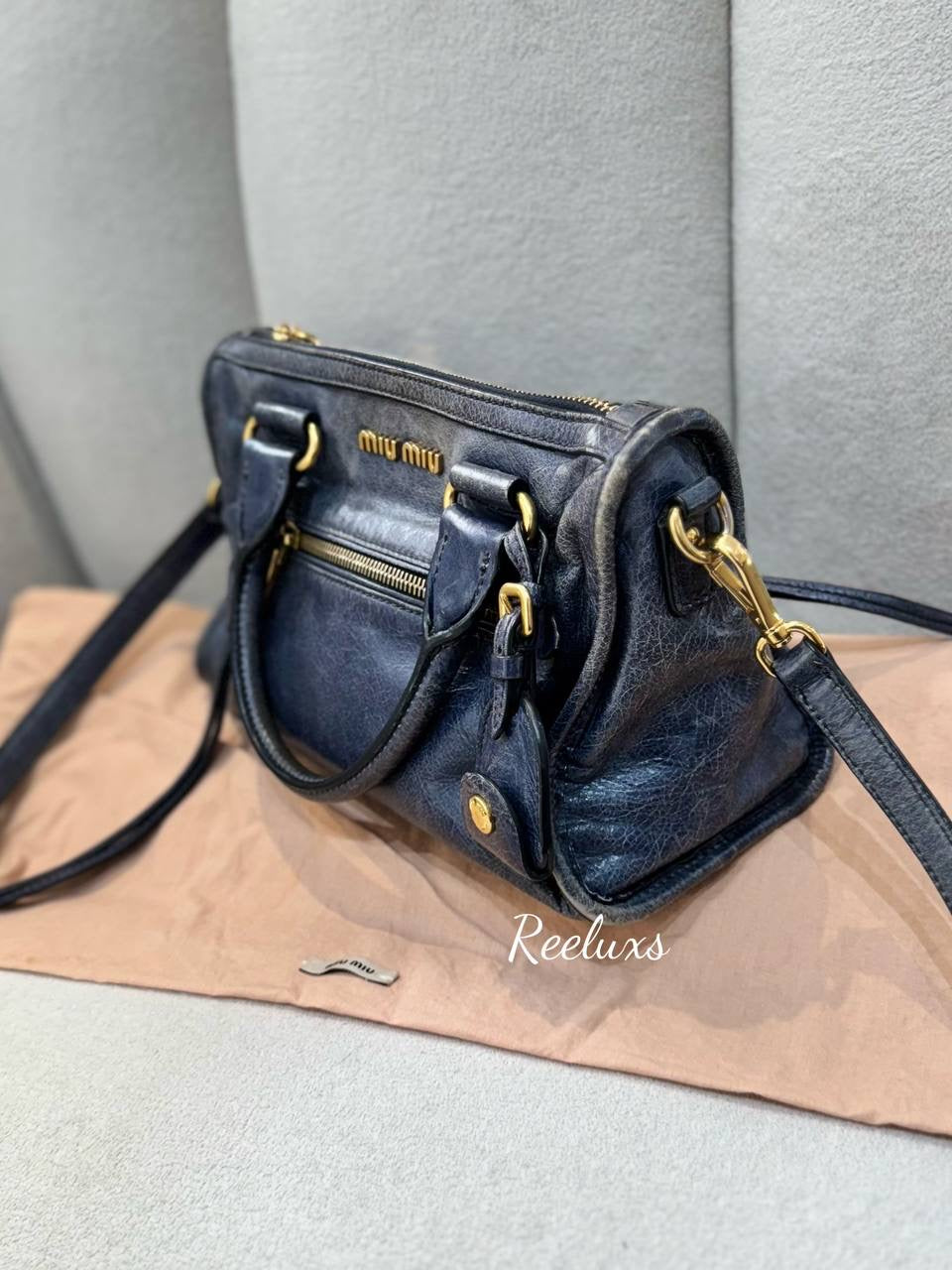 MIU MIU Blue Leather Vitello Hand & Crossbody Bag For Lady