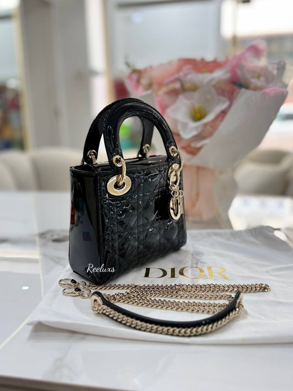 DIOR Mini Lady Dior Black Patent  Leather Hand Bag