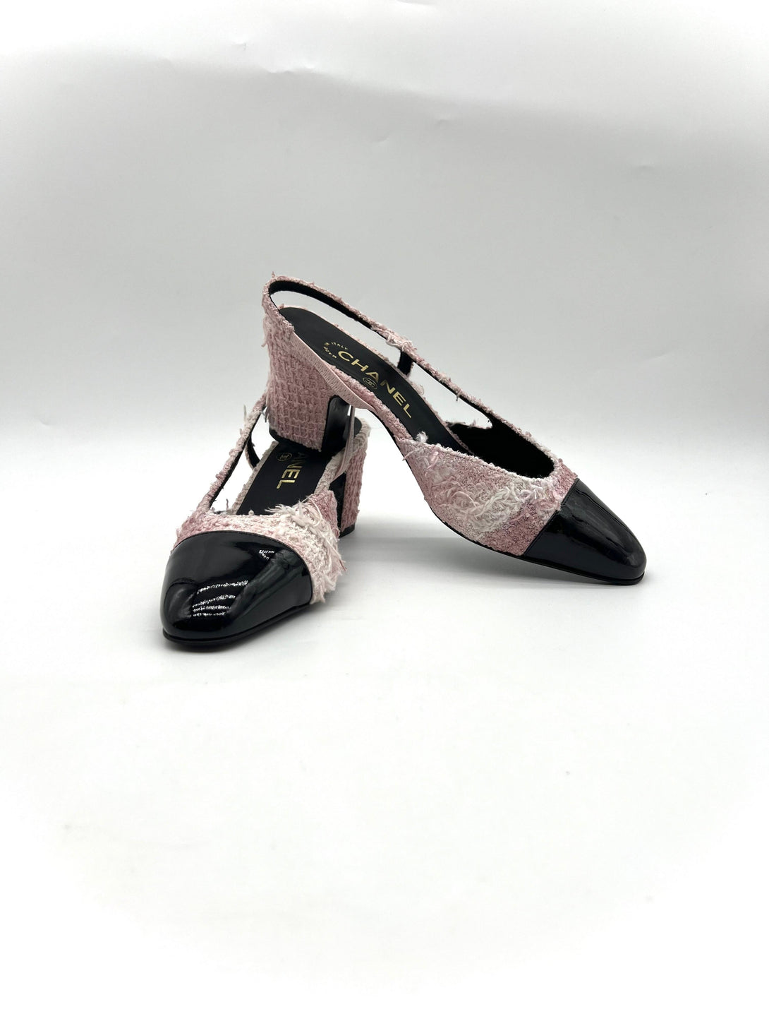 Tweed Grosgrain Cap Toe CC Slingback Pumps 37 Pink Black - Reeluxs 