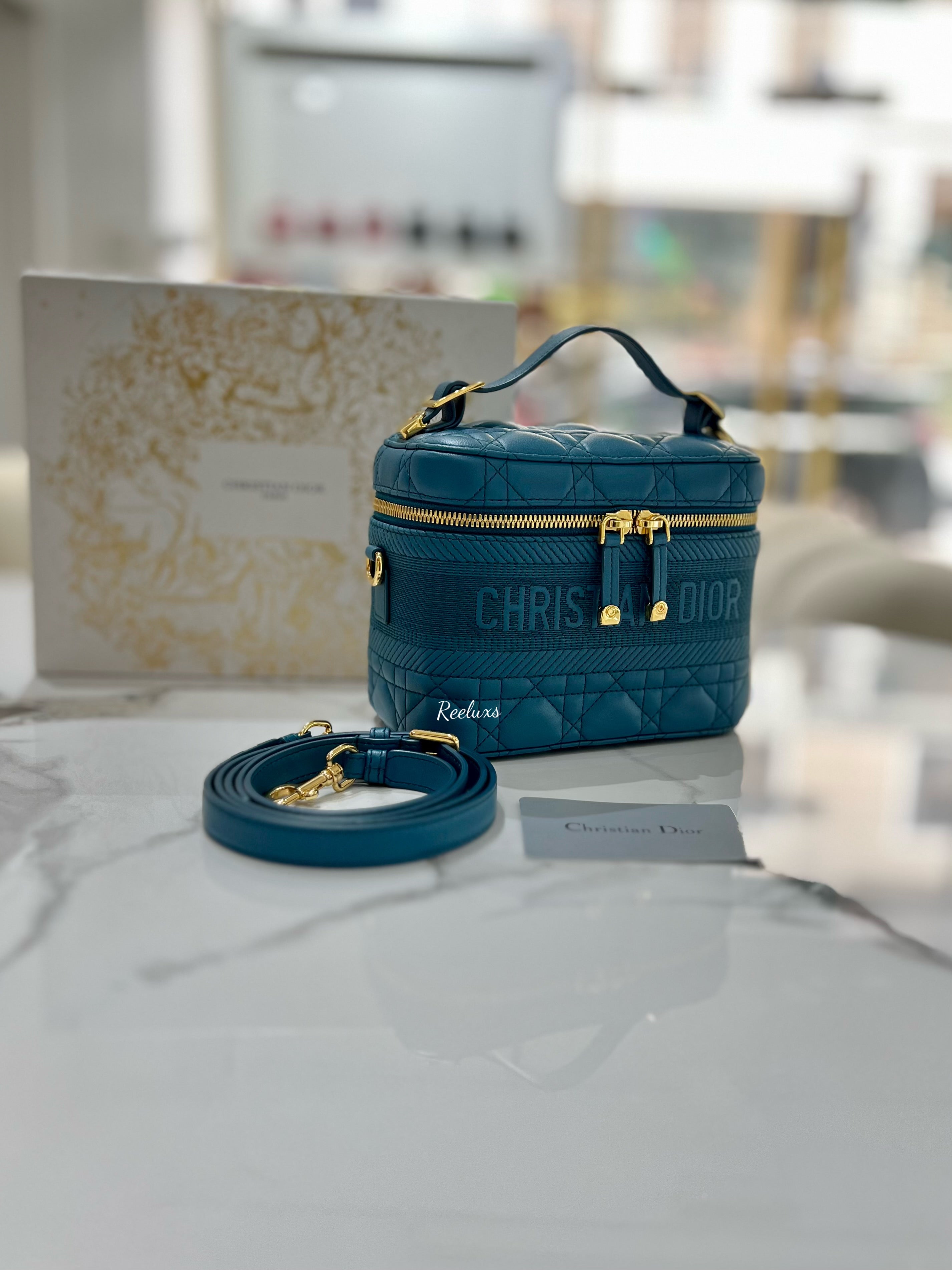 CHRISTIAN DIOR  Lambskin Cannage Small Diortravel Vanity Case Deep Ocean