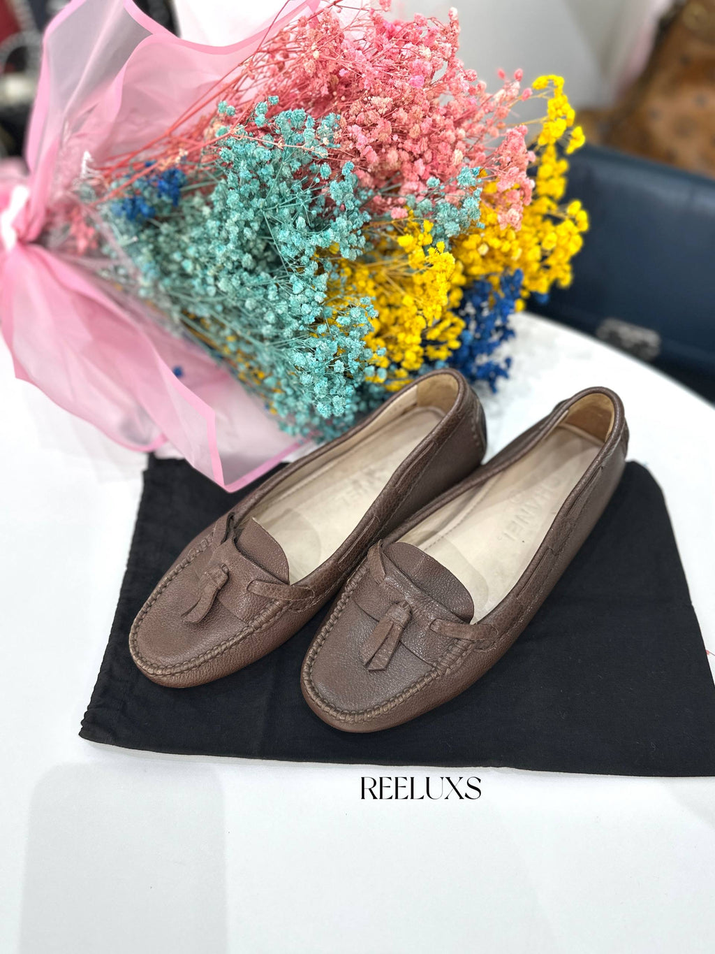 Chanel brown leather tassel driving loafers