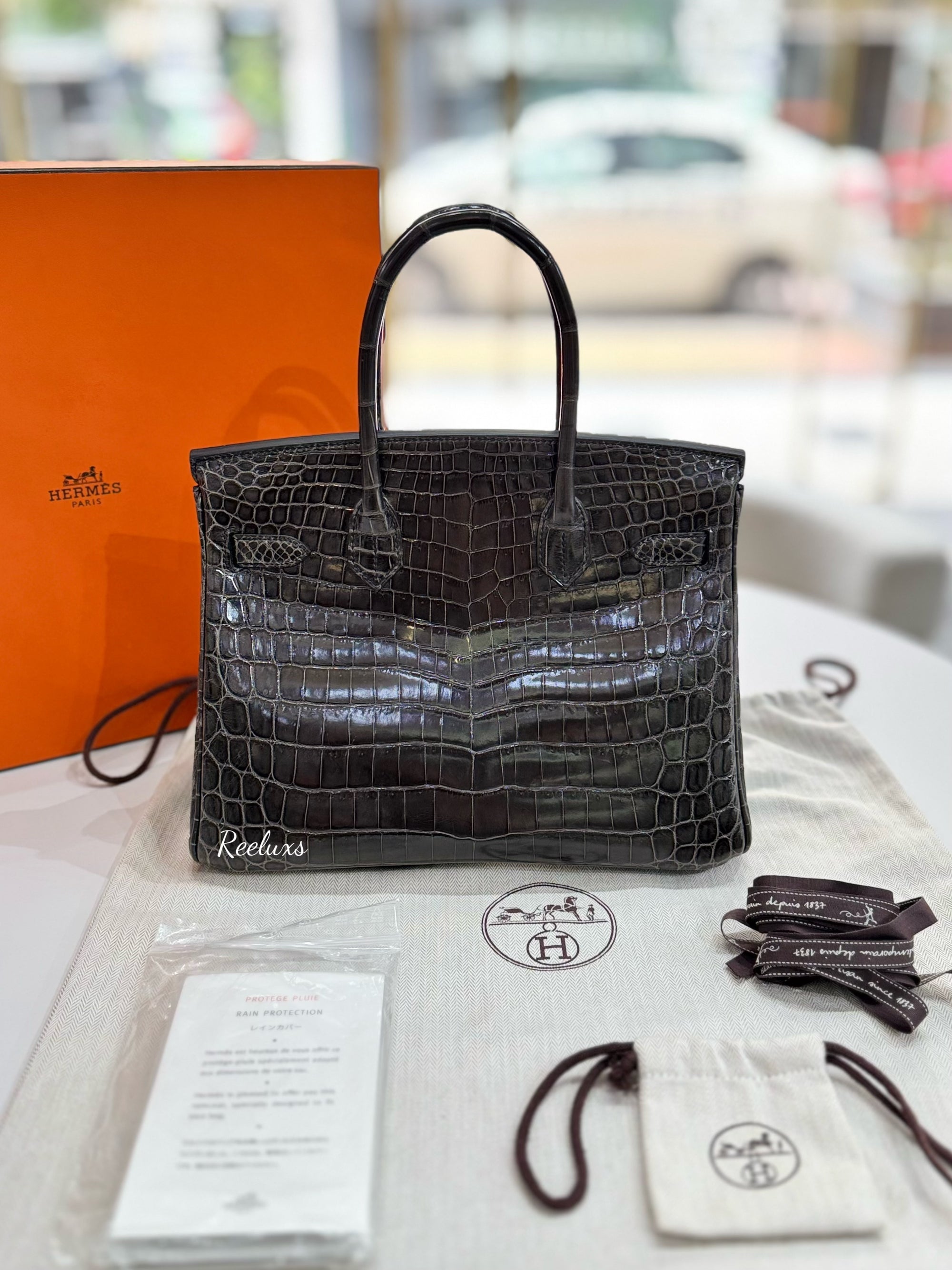 FULLSET HERMES Birkin 30 Crocodile Shiny Porosus Gold Hardware Handbag ( GHW