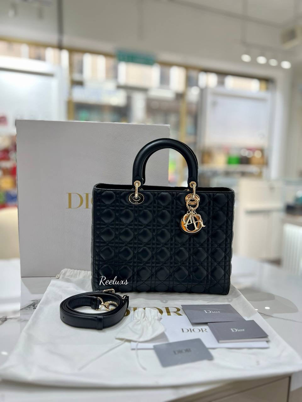 FULL SET CHRISTIAN DIOR Black Lambskin Lady Dior Cannage 2 Way Hand Bag / Shoulder Bag