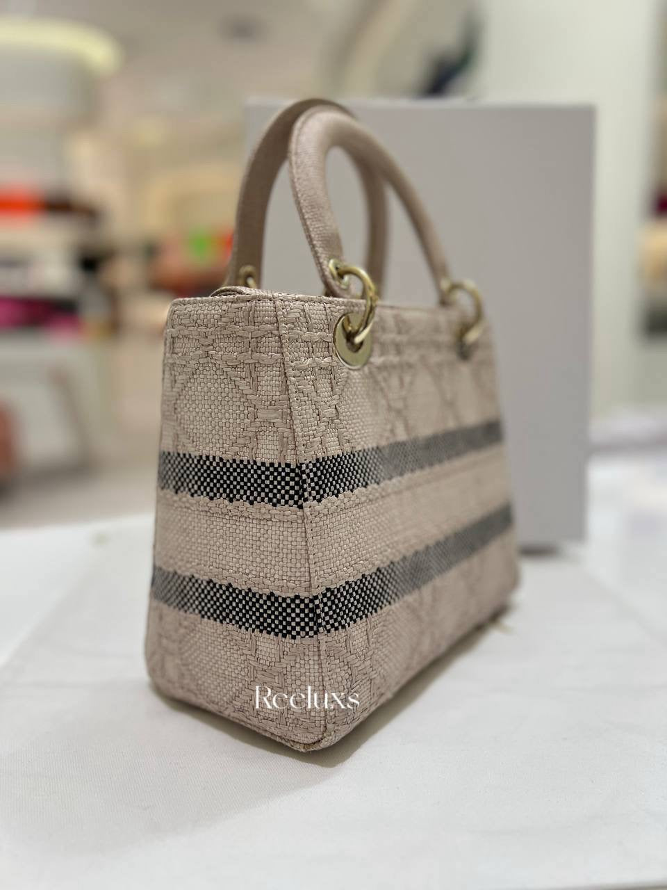 Lady D- Lite Bag Cannage Embroidered Raffia Medium