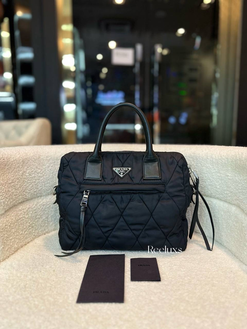 Prada Bomber Convertible Tote Quilted Tessuto Hand Bag