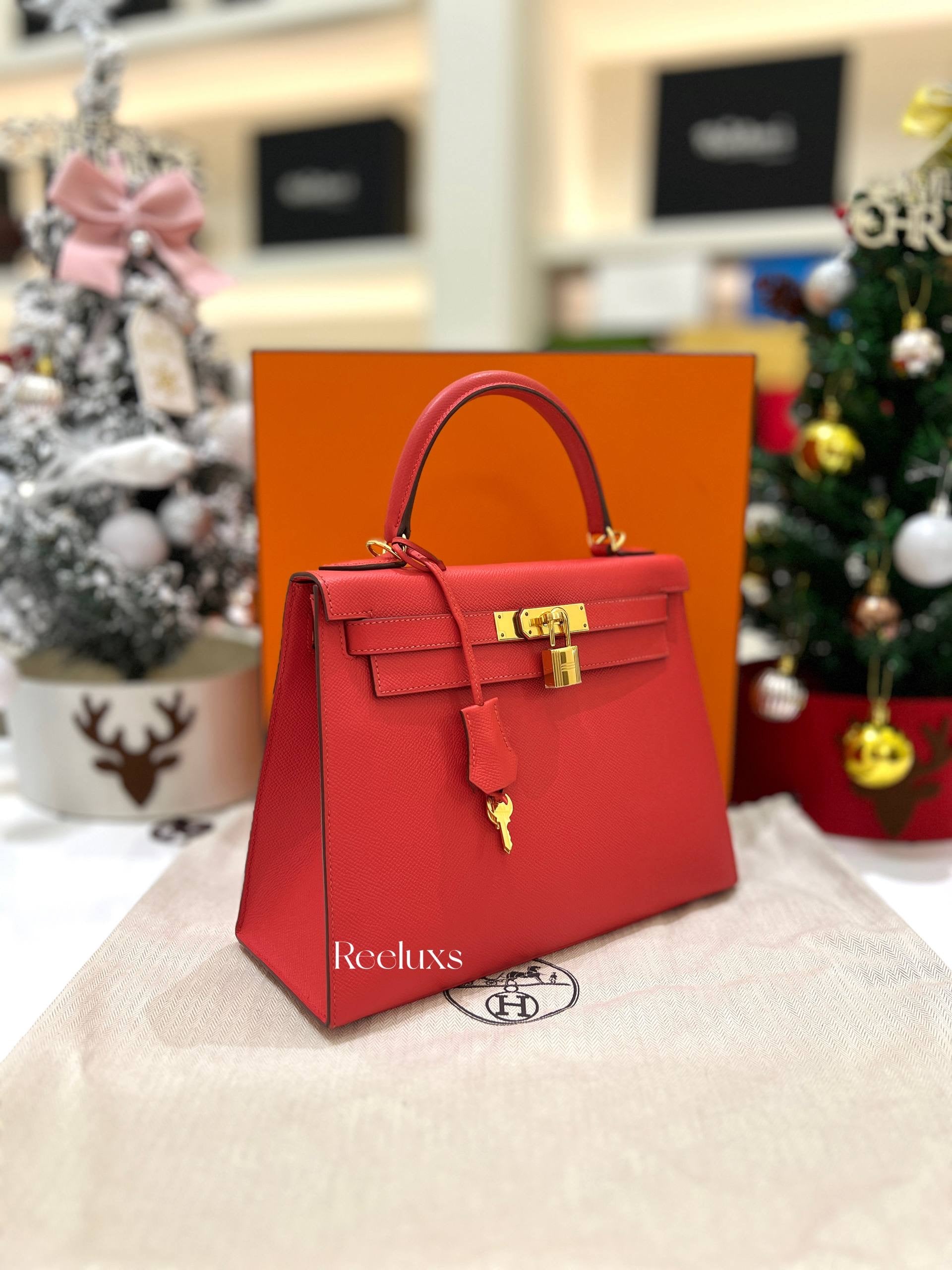 FullSet HERMES Kelly 28 Sellier Rouge Casaque Epsom Gold Hardware Handbag