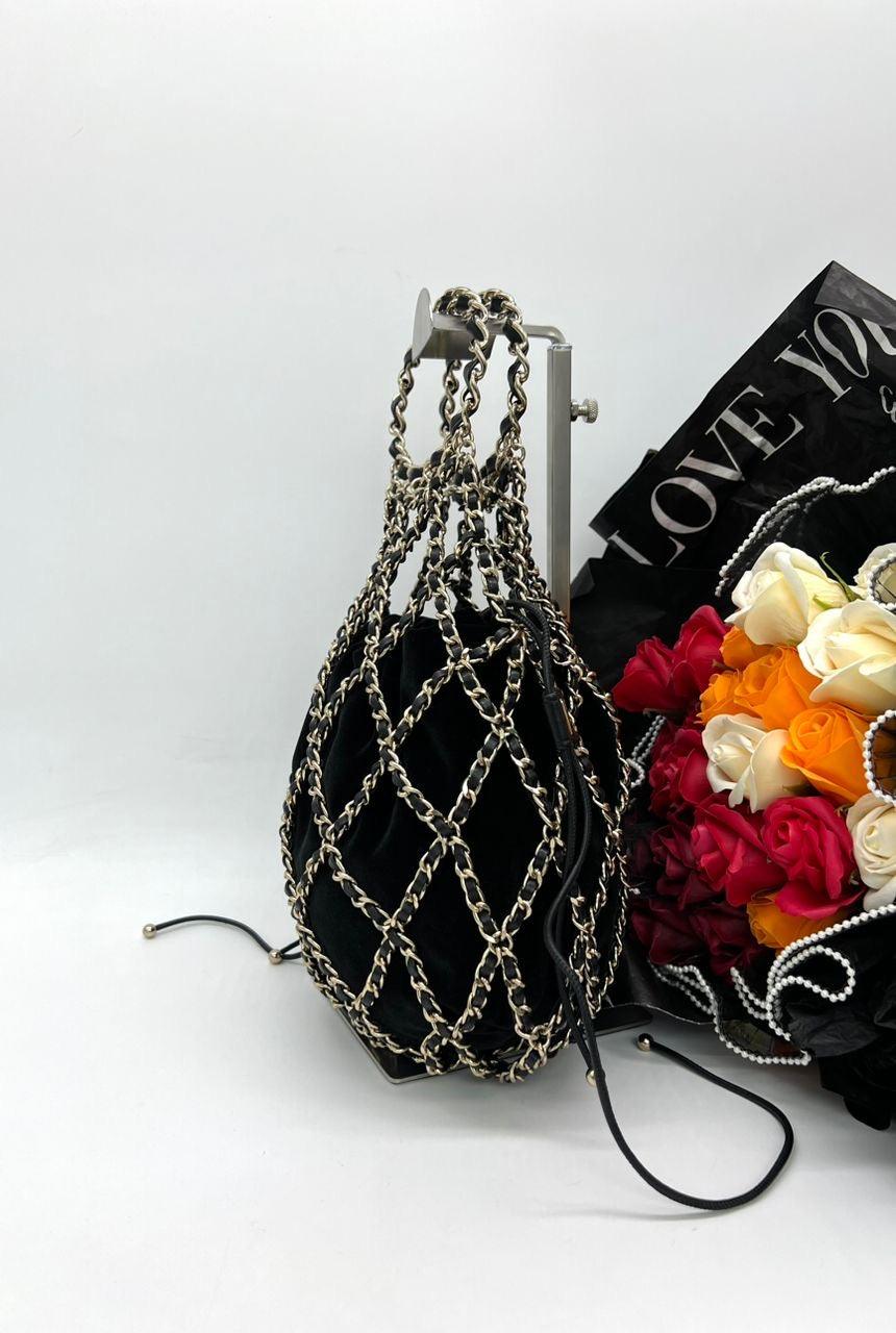 CHANEL RUNWAY BLACK VELVET DRAWSTRING BAG - Reeluxs 