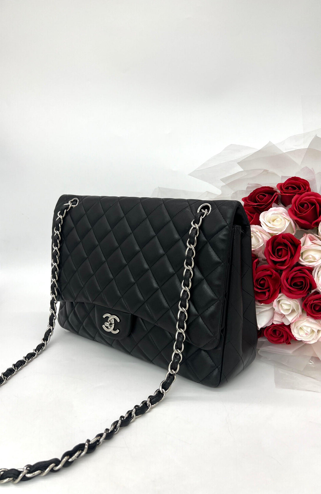 CHANEL Black Quilted Lambskin Maxi Classic Double Flap Silver Chain - Reeluxs 