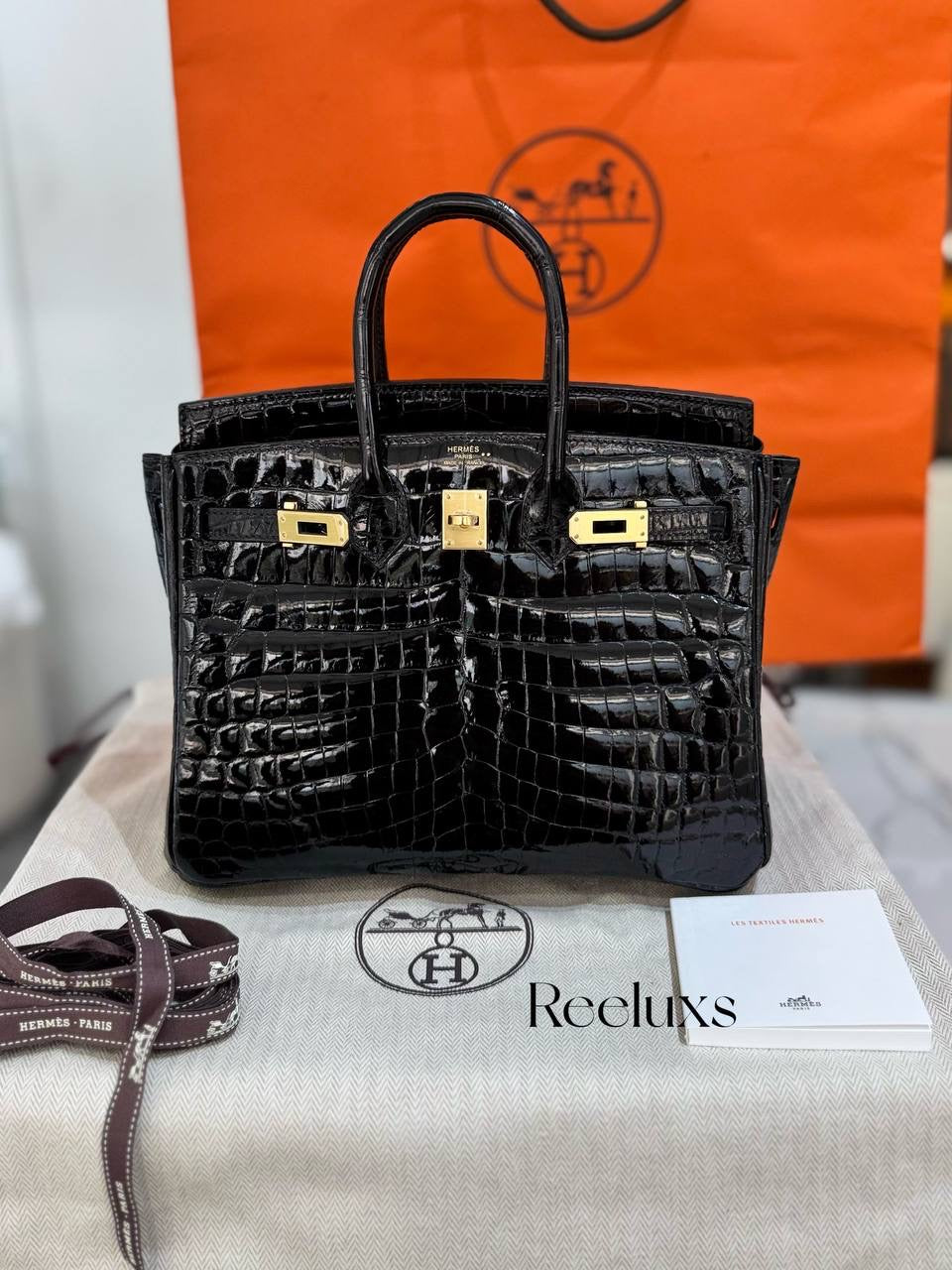FULL SET As New HERMES Birkin 25 Black Crocodile Shiny Porosus Gold Hardware Handbag ( GHW )