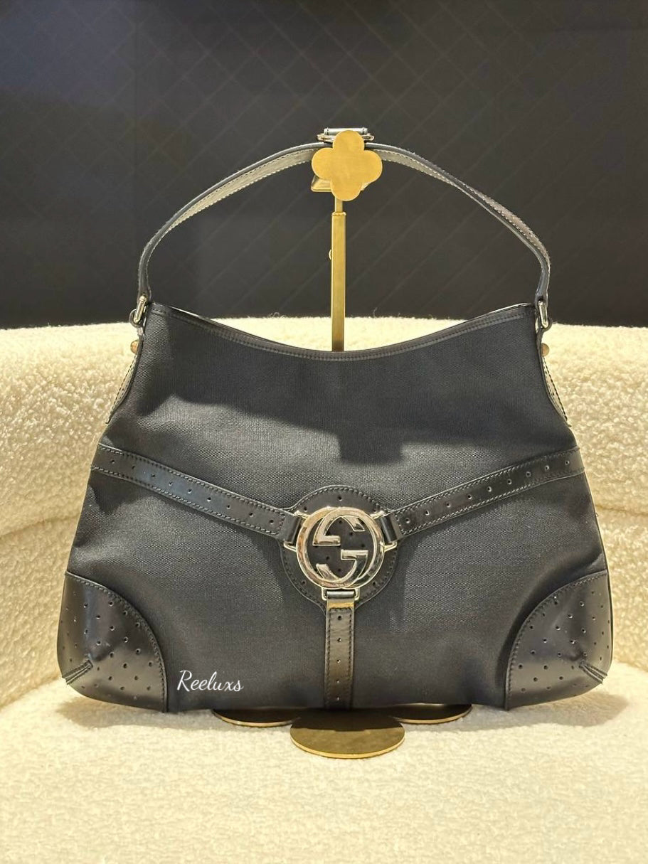 GUCCI  Black Canvas Reins Shoulder Bag