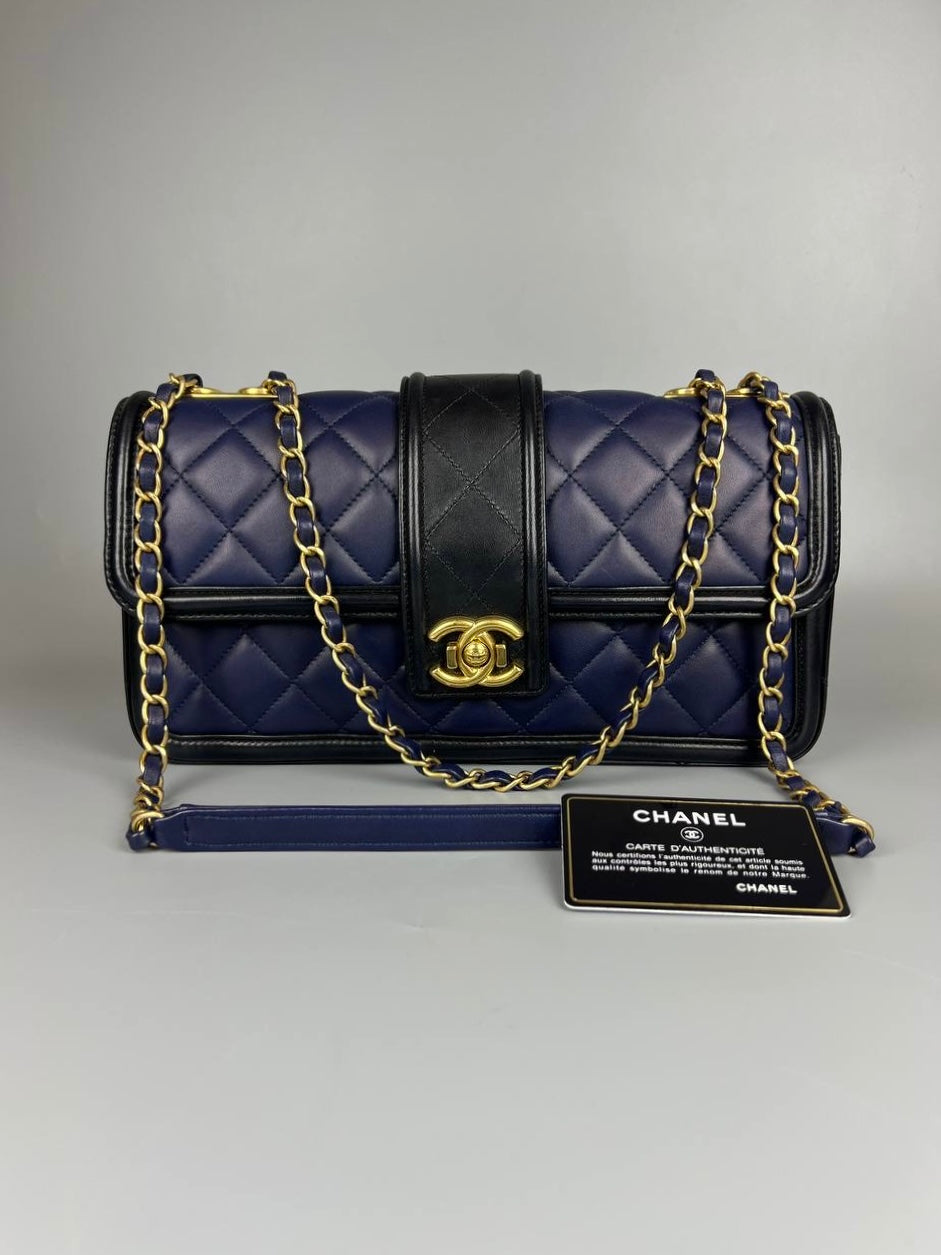 CHANEL Elegant CC Flap Bag Navy Black Quilted Medium