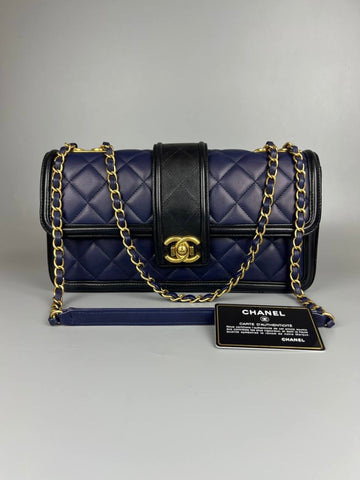 CHANEL Elegant CC Flap Bag Navy Black Quilted Medium