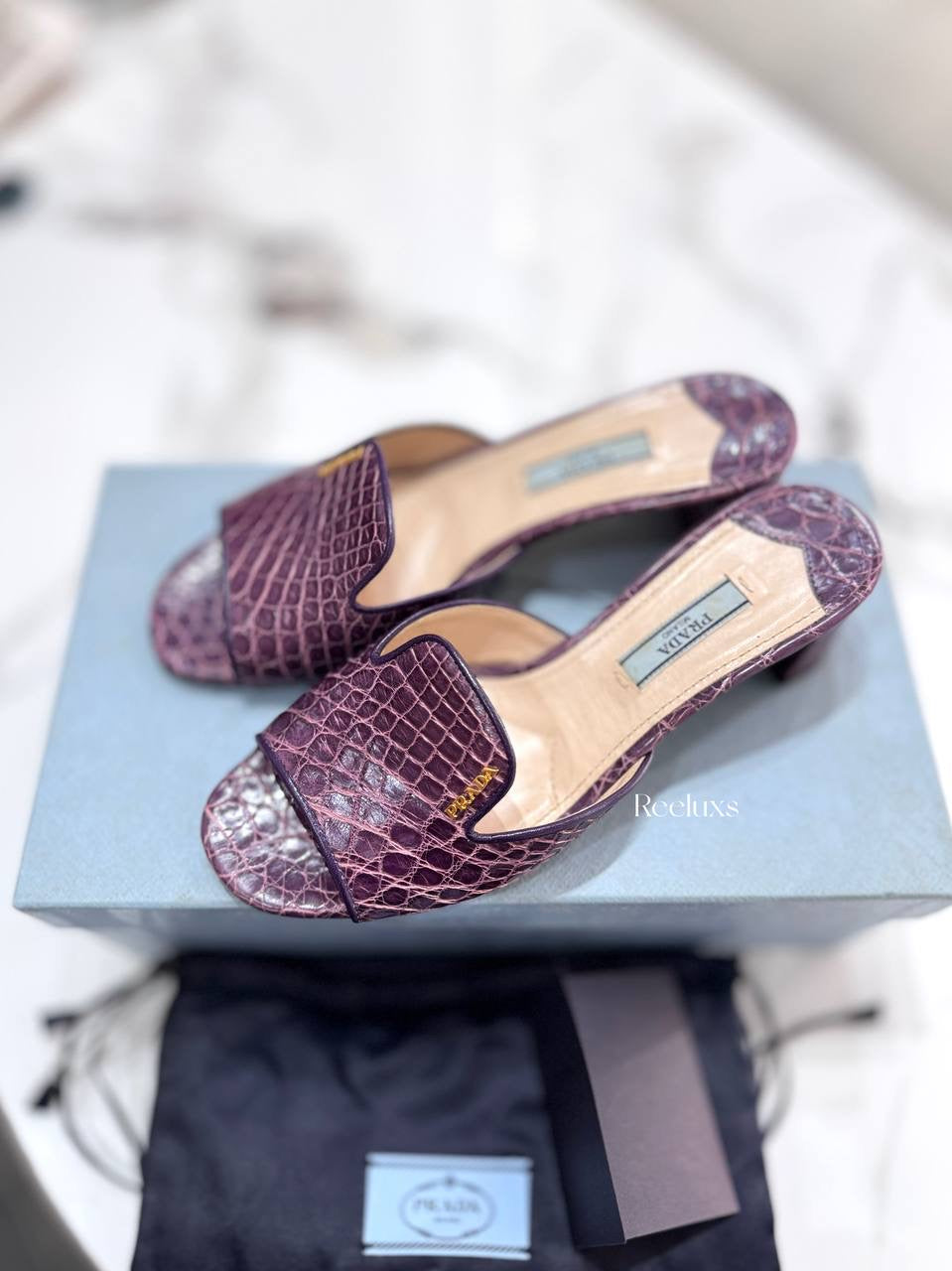 Prada Croc Embossed Leather Flat Sandals