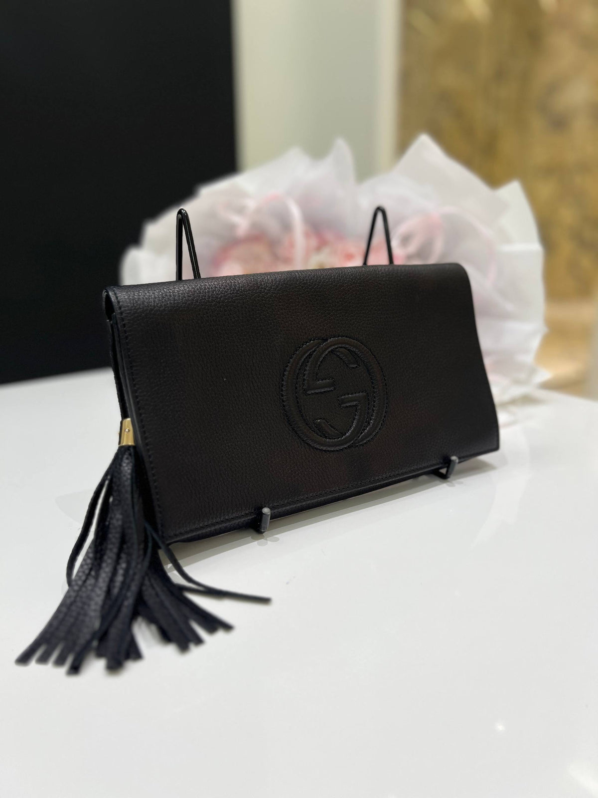 GUCCI Soho Leather Flap Clutch Bag