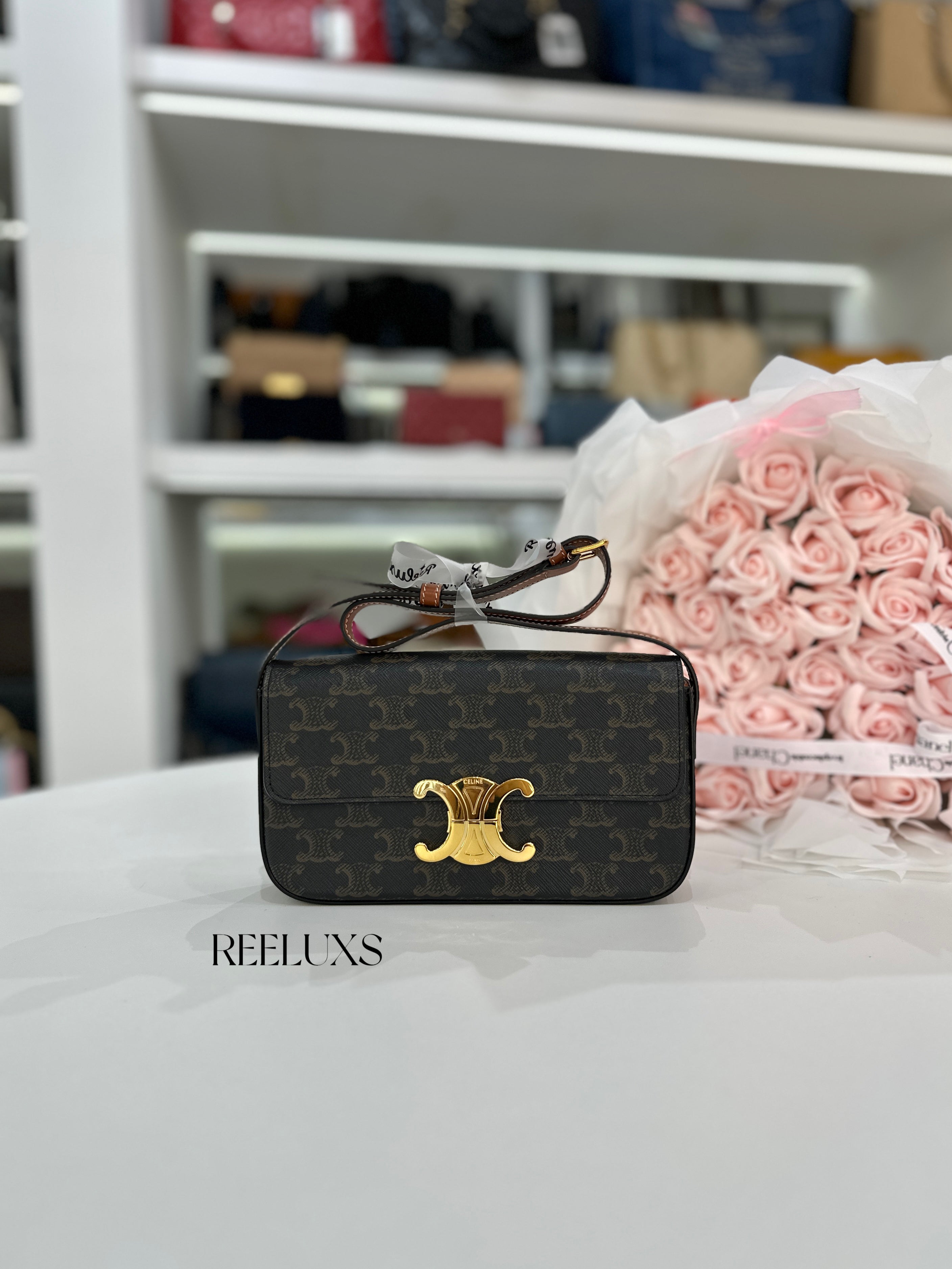 CELINE Claude Shoulder Bag in Triomphe Canvas and Calfskin