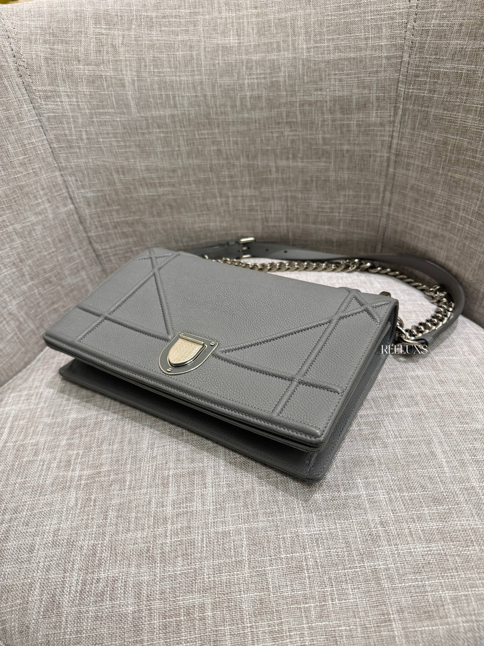CHRISTIAN DIOR Diorama Flap Bag in Grey Grained Calfskin