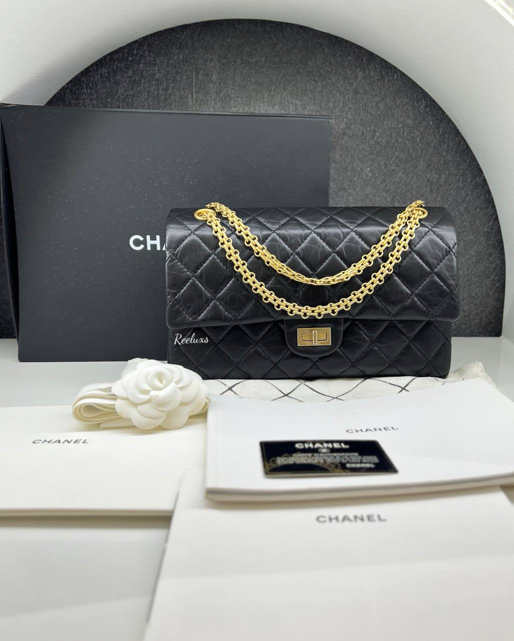 FULLSET CHANEL Quilted Aged Leather Reissue 2.55 Classic Flap Bag GHW