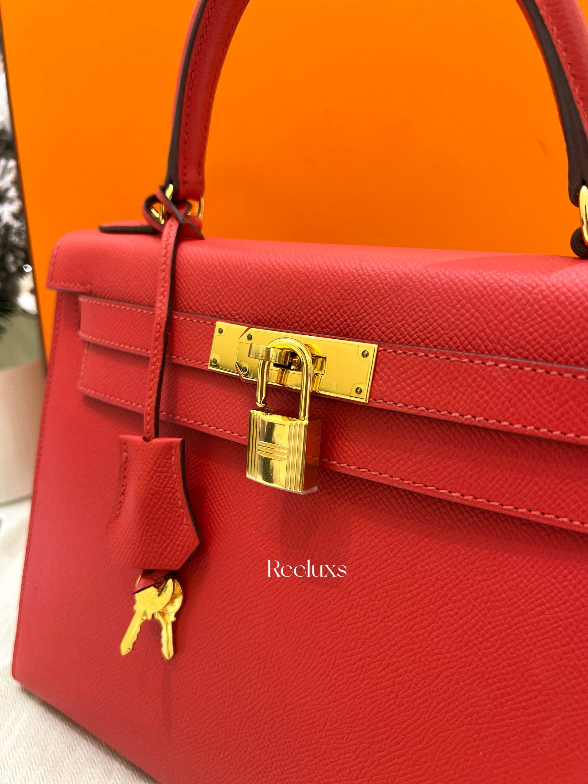 FullSet HERMES Kelly 28 Sellier Rouge Casaque Epsom Gold Hardware Handbag