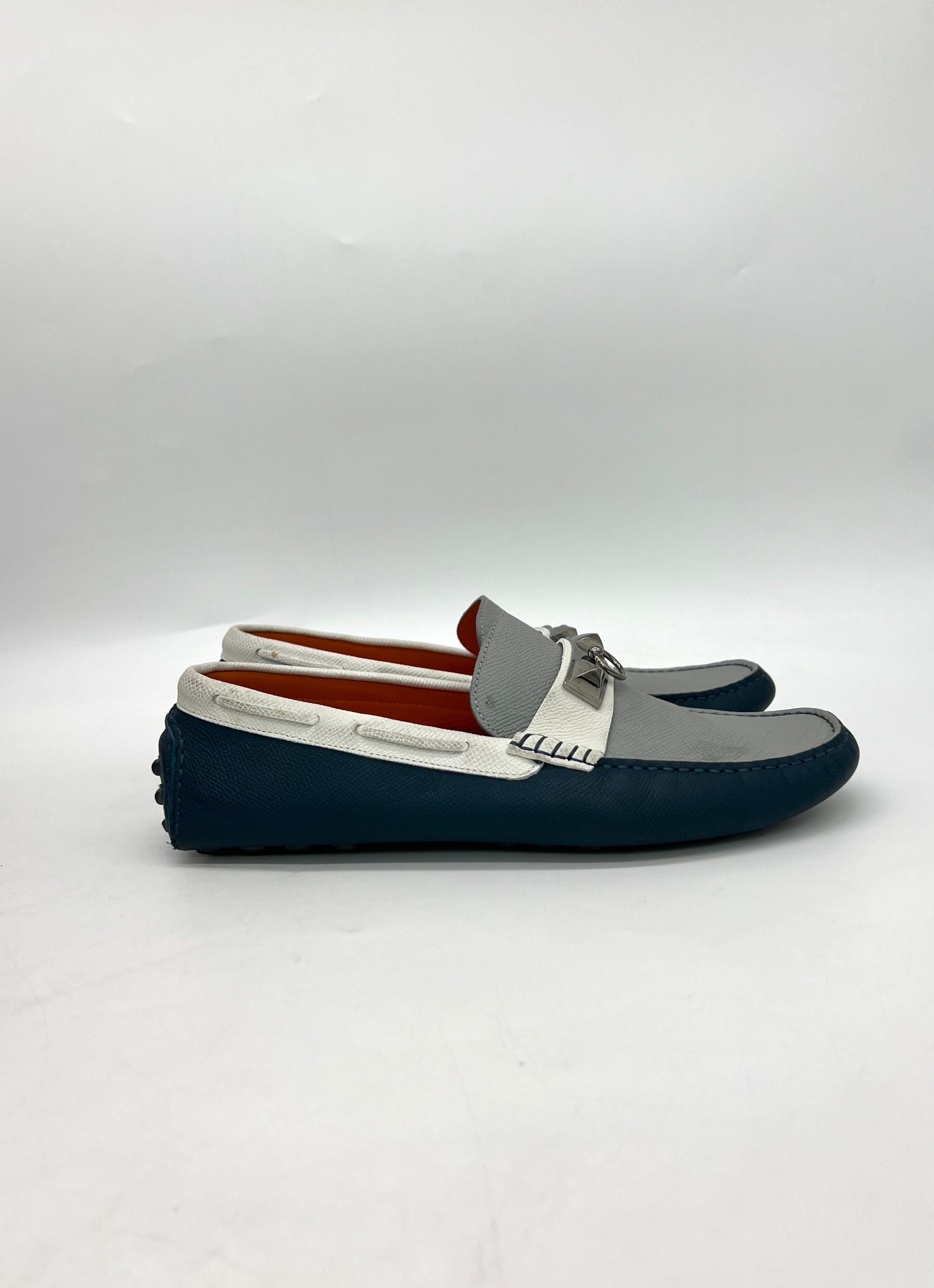 HERMES Epsom Mens Irving Driving Moccasin Loafers Bleu Glacier Blanc Colvert Size 40 - Reeluxs 