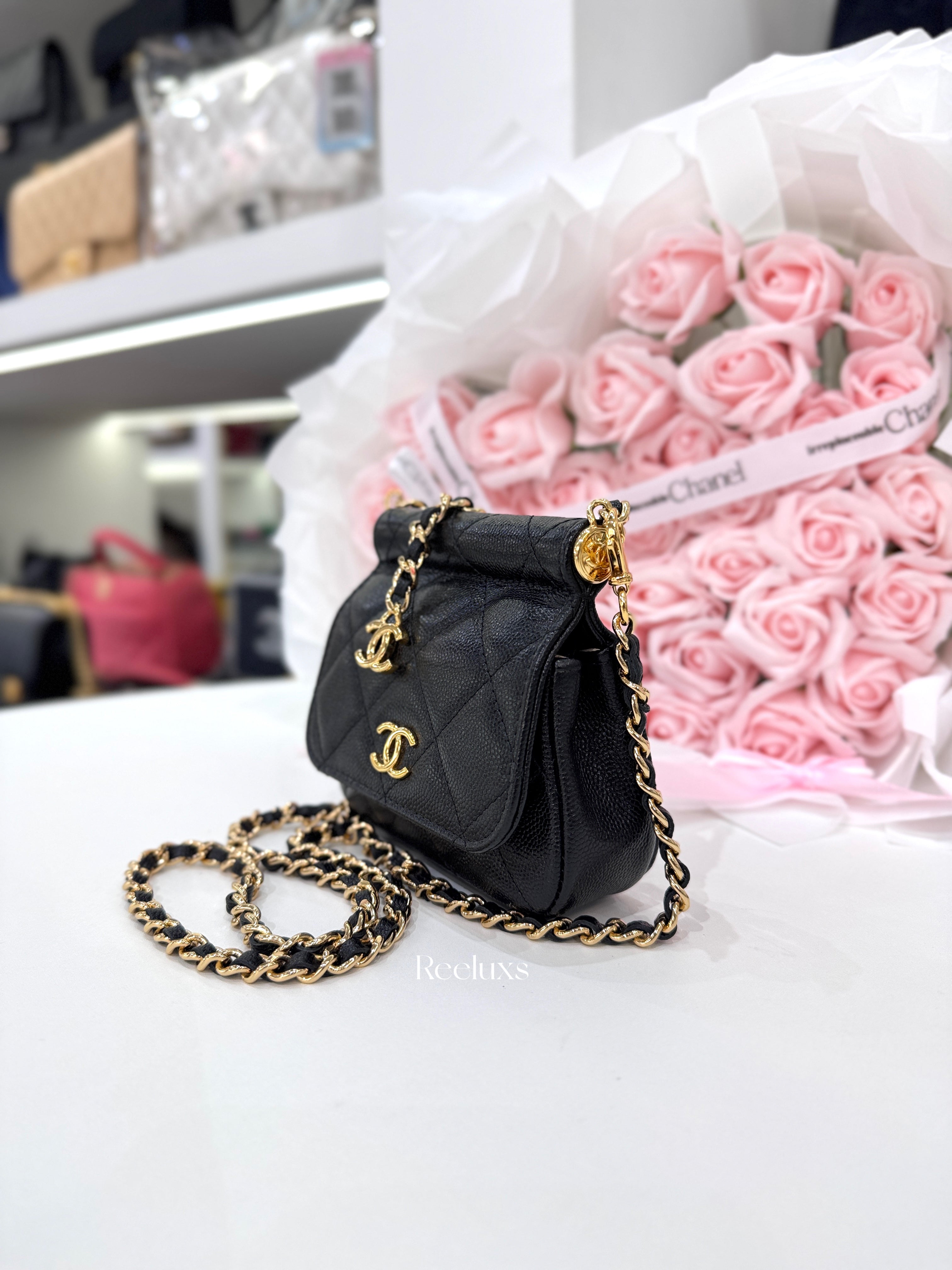CHANEL Mini Caviar Bar Clutch On Chain