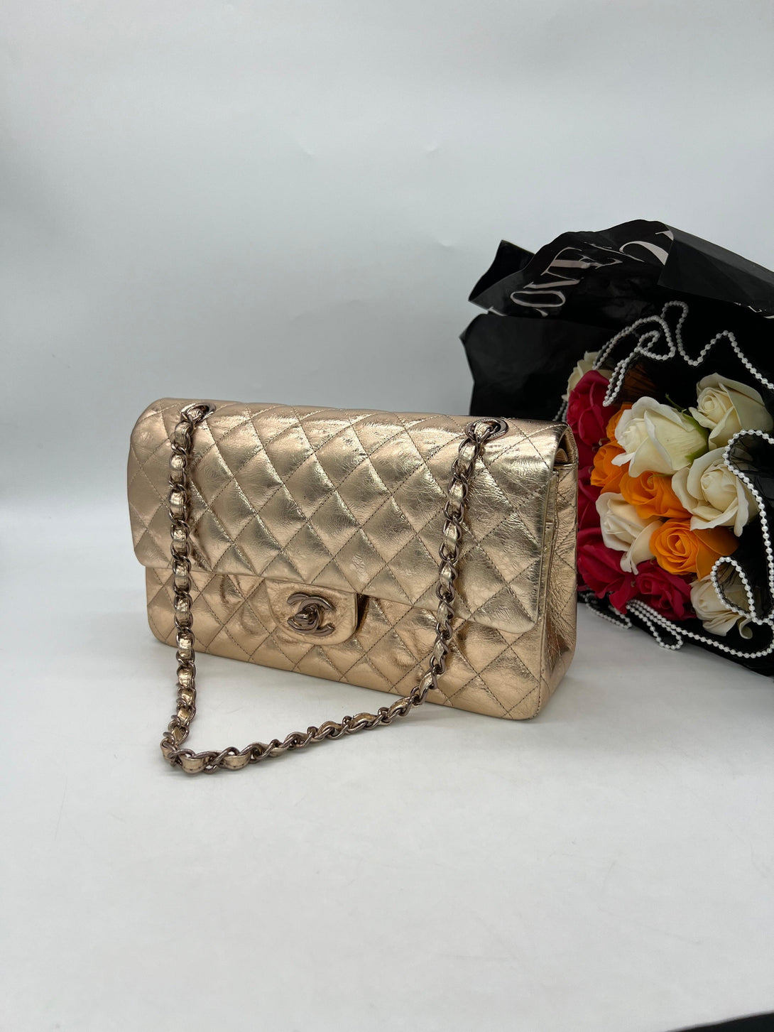 CHANEL Classic Double Flap Metallic Quilted Leather Shoulder Bag For Lady - Reeluxs 