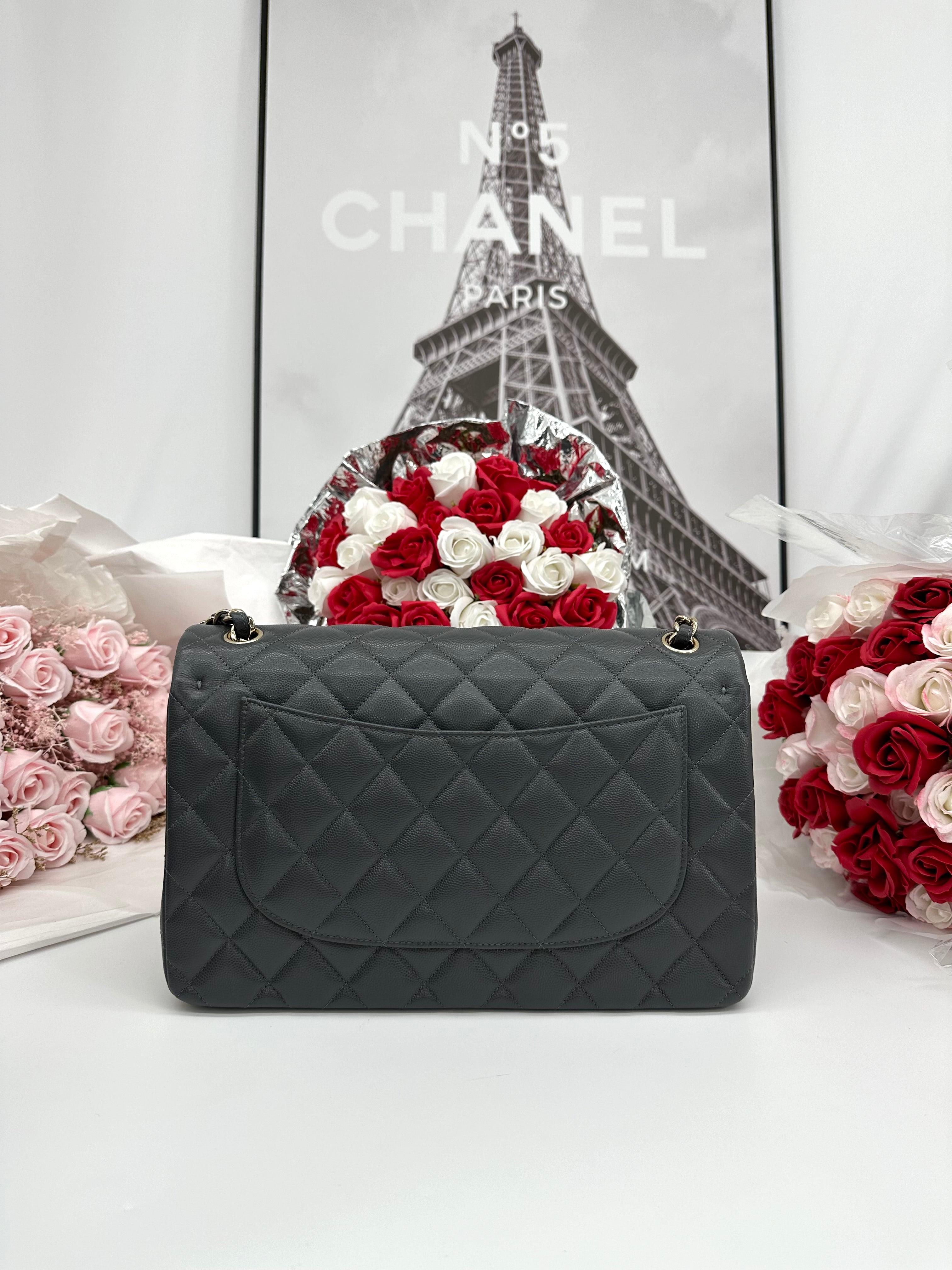 CHANEL Caviar Quilted Jumbo Double Flap Dark Grey - Reeluxs 