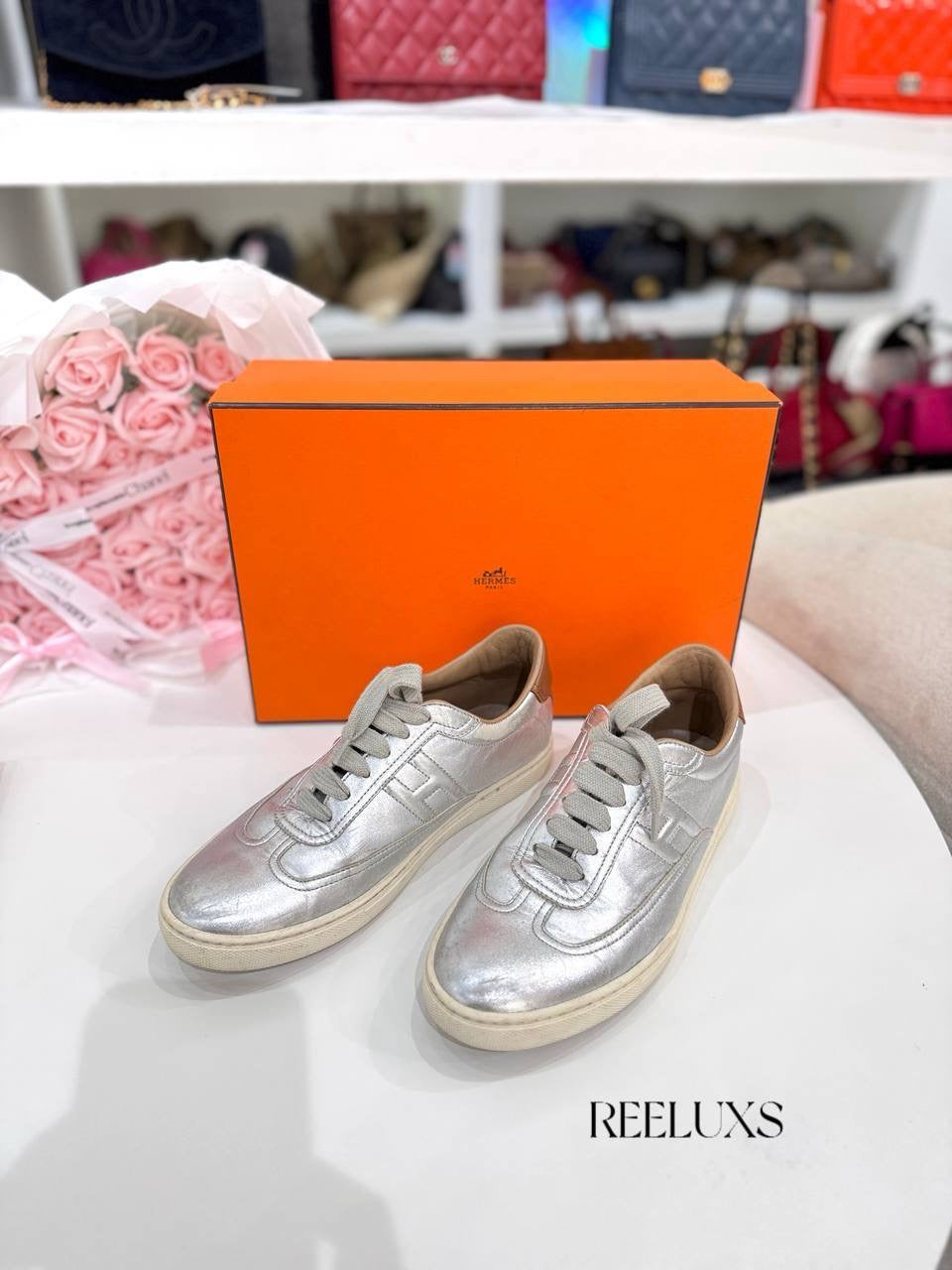HERMES Quicker Metallic Silver Leather Sneakers