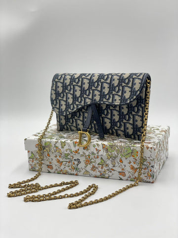 CHRISTIAN DIOR Long Saddle Wallet with Chain in Blue Dior Oblique Jacquard - Reeluxs 