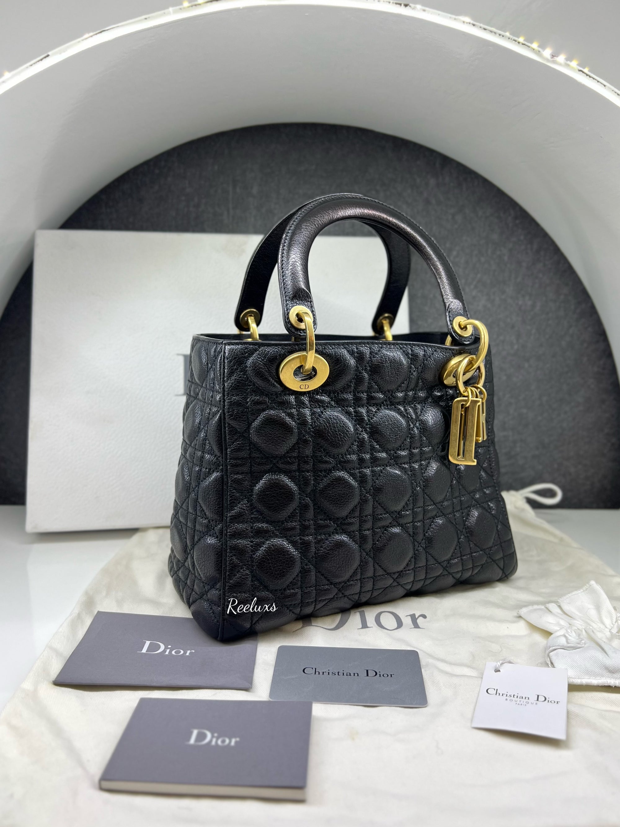 FULLSET CHRISTIAN DIOR Black Glazed Calfskin Small Lady D GHW Handbag