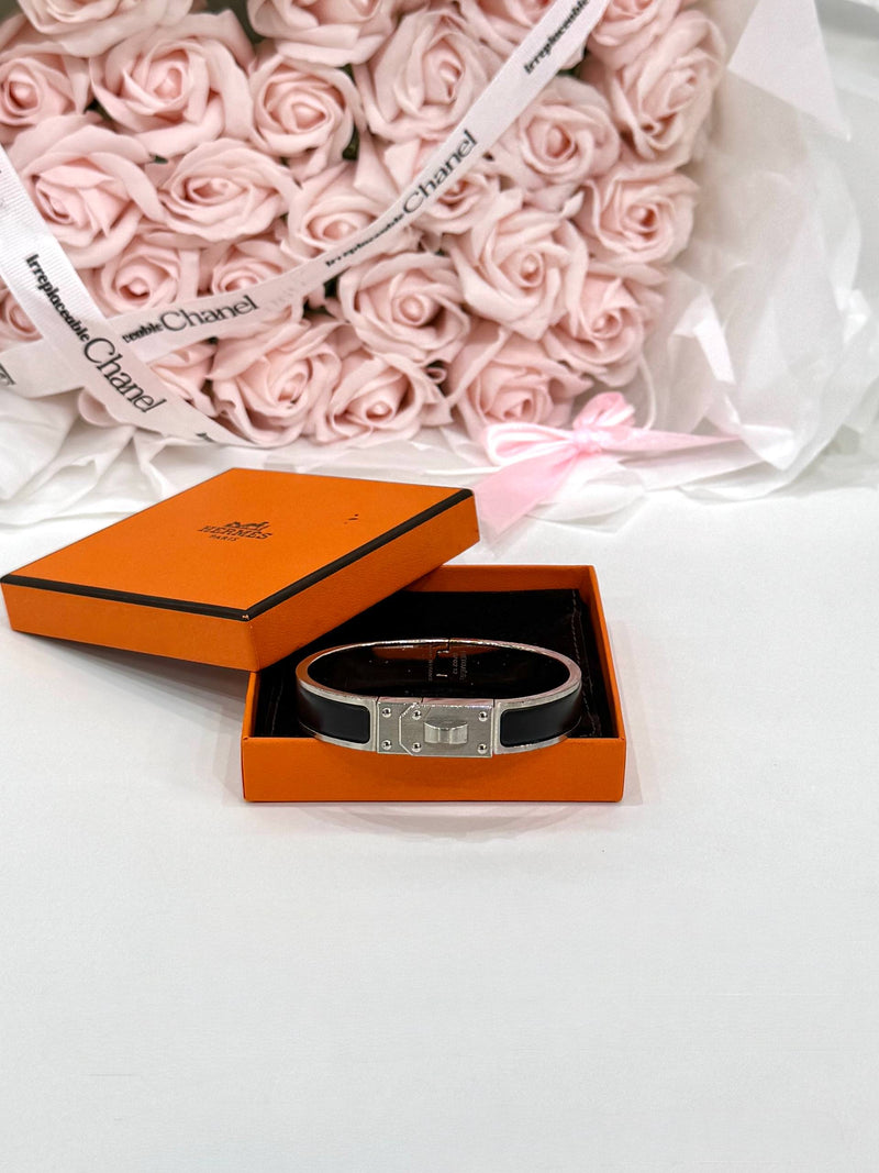 HERMES Palladium Plated Matte Black Enamel Kelly Bracelet