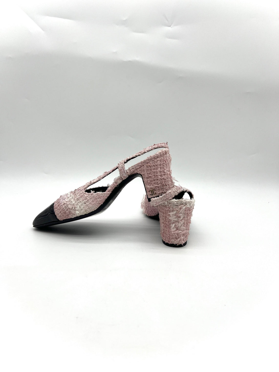 Tweed Grosgrain Cap Toe CC Slingback Pumps 37 Pink Black - Reeluxs 