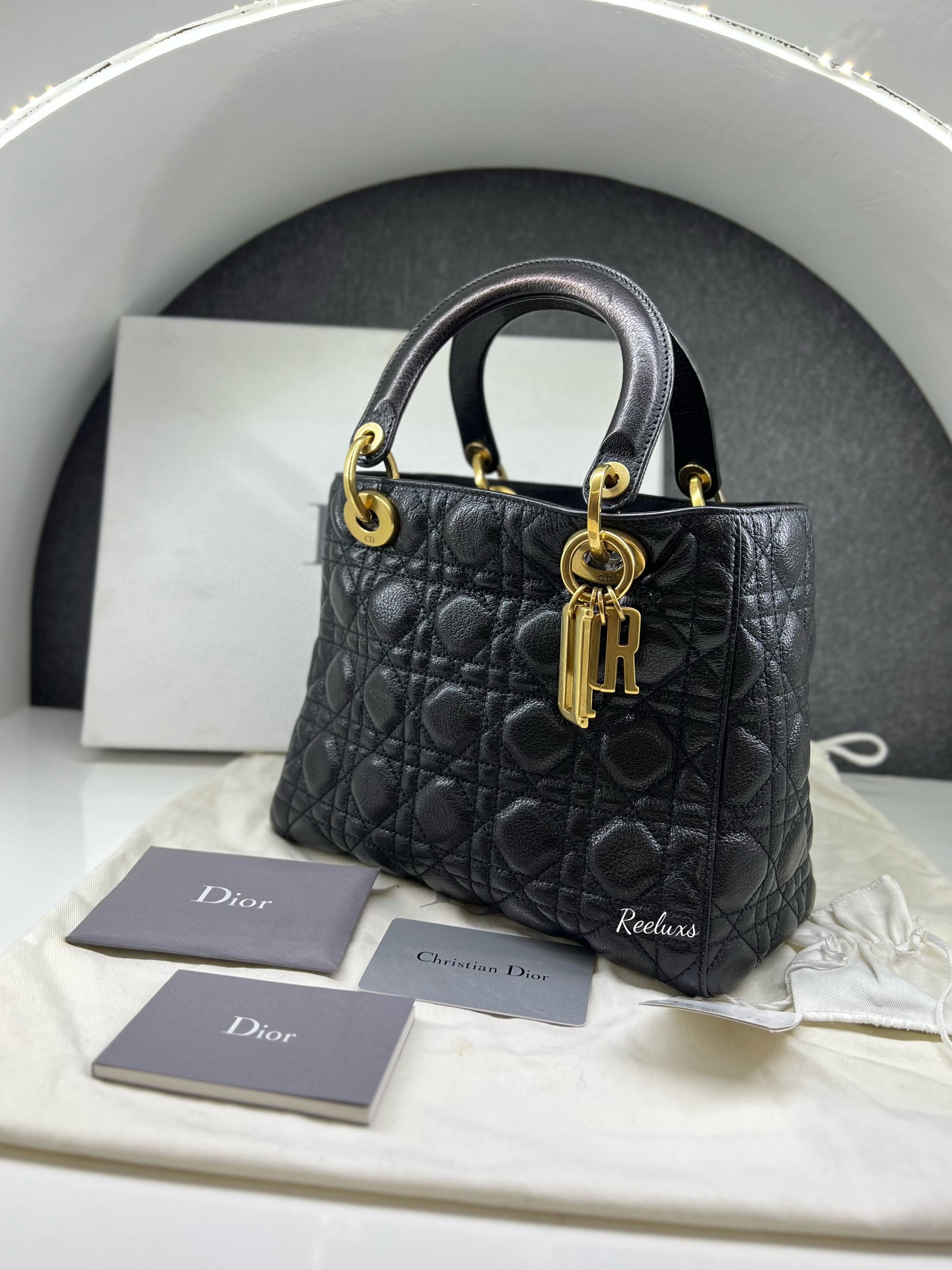 FULLSET CHRISTIAN DIOR Black Glazed Calfskin Small Lady D GHW Handbag