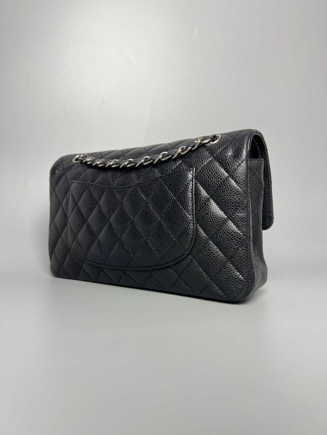 CHANEL Black Caviar Skin Classic Double Flap SHW Shoulder Bag - Reeluxs 