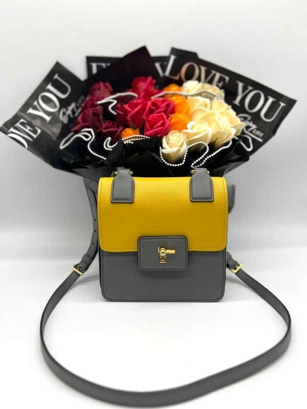 Prada BT1015 Saffiano Cuir Pattina Leather Crossbody Ghw (Grey/Yellow) - Reeluxs 