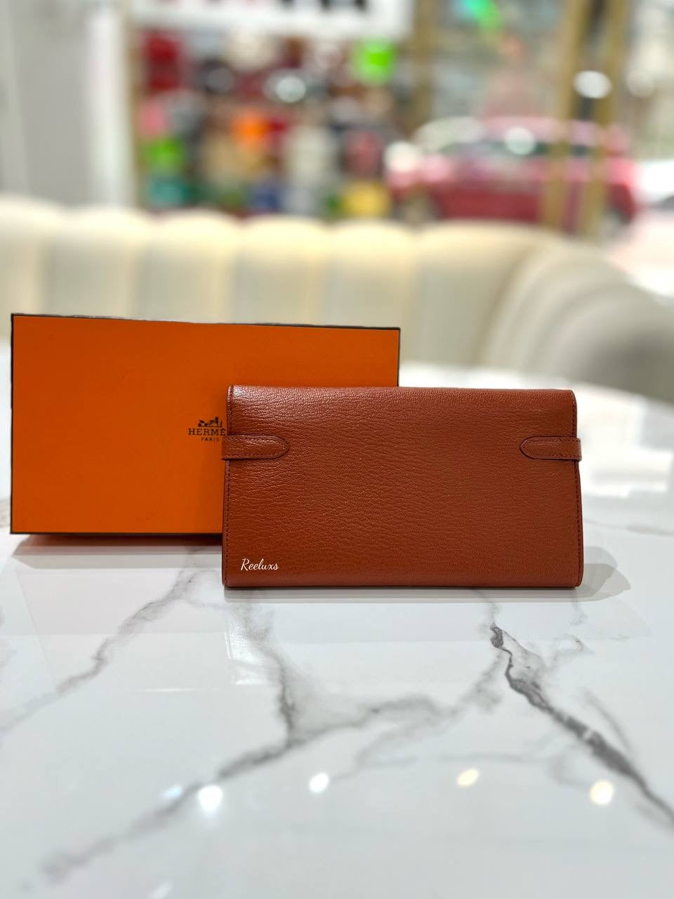HERMES Kelly Wallet To Go Orange Epsom Gold Hardware