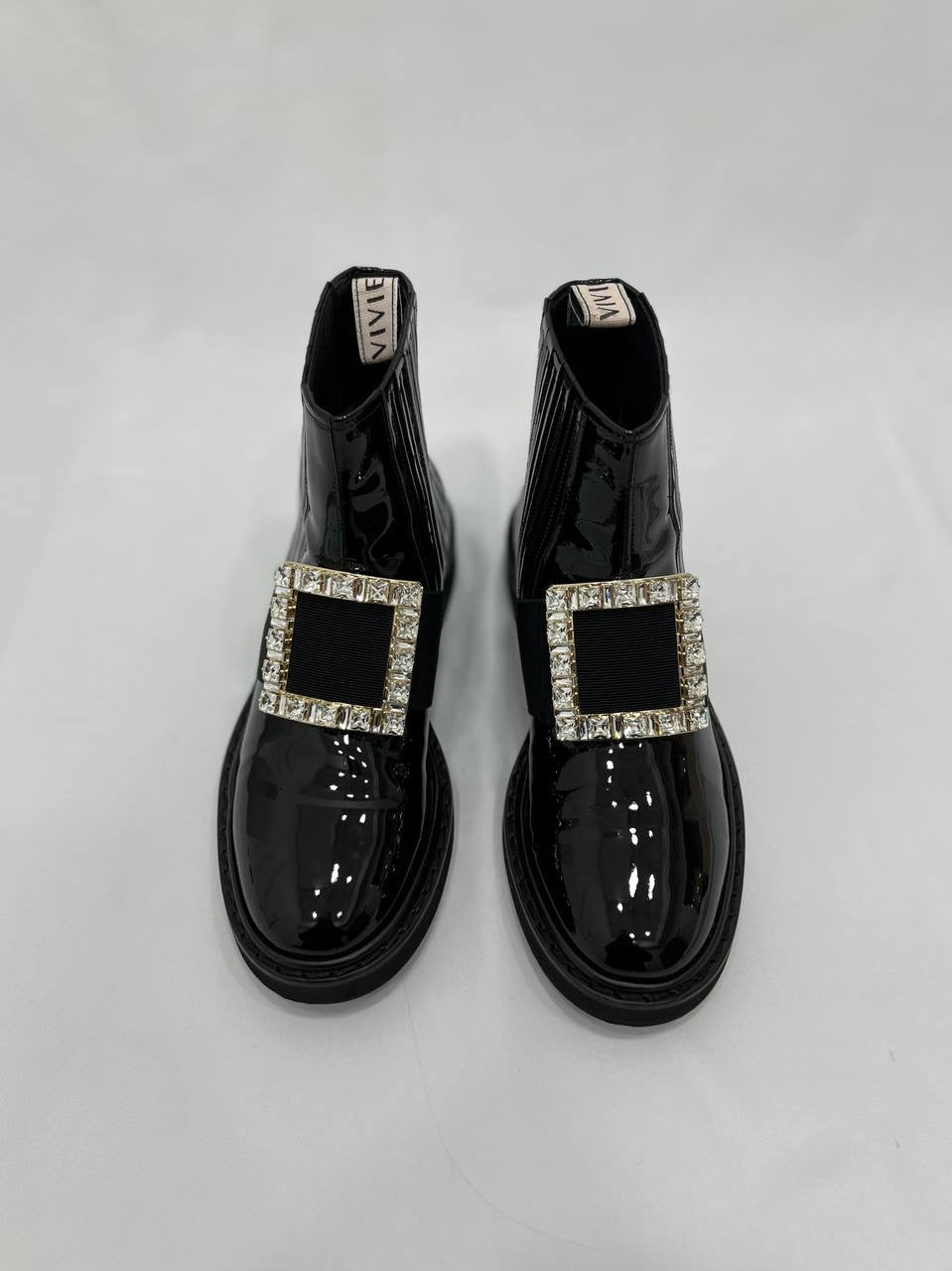 ROGER VIVIER Rangers Patent Leather Strass Buckle Chelsea Ankle Boots