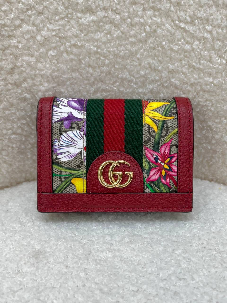 GUCCI Supreme GG Canvas Floral Coin Wallet With Red Trim Leather