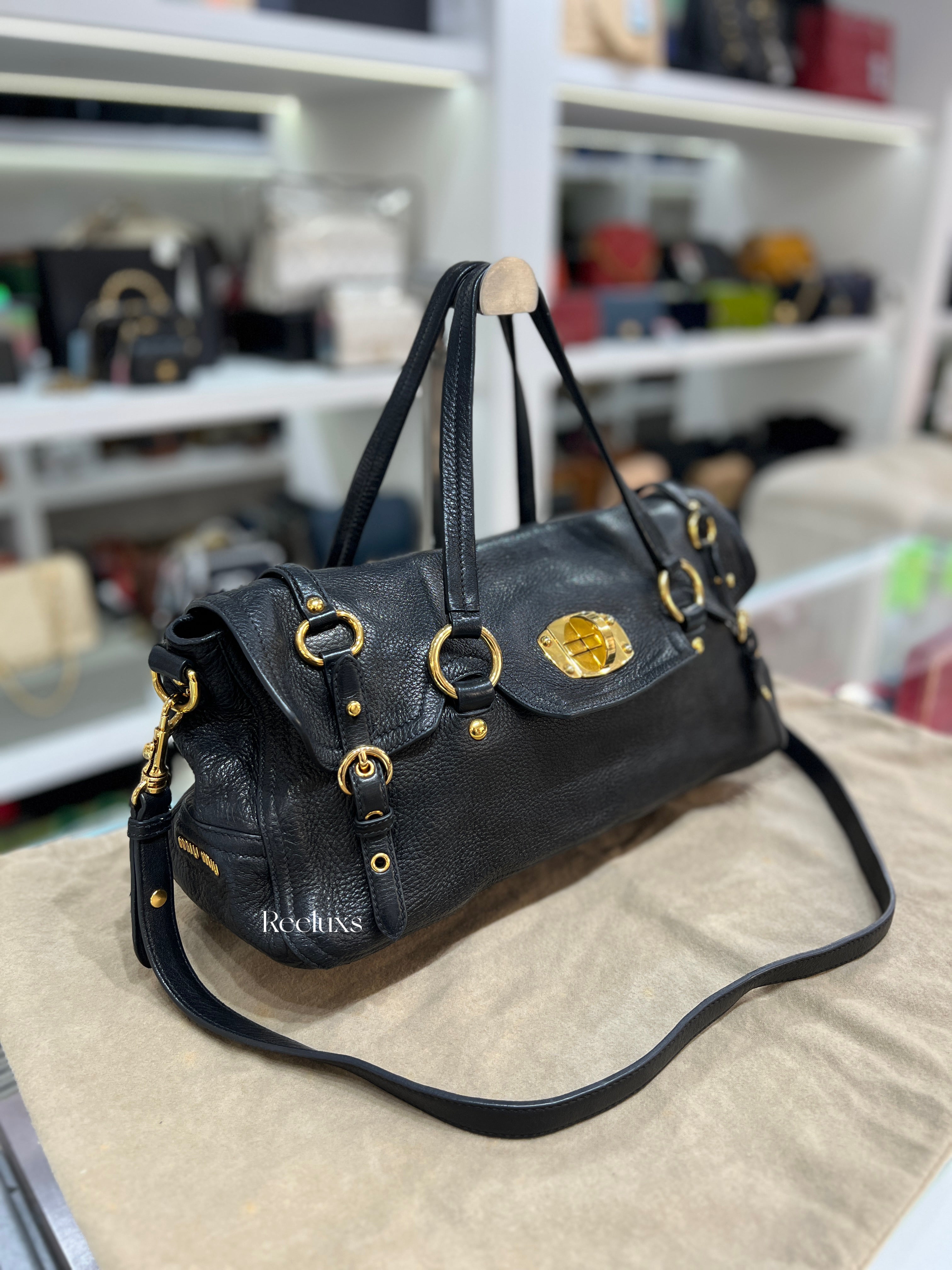 MIU MIU Black Cervo Leather East/West Satchel Bag