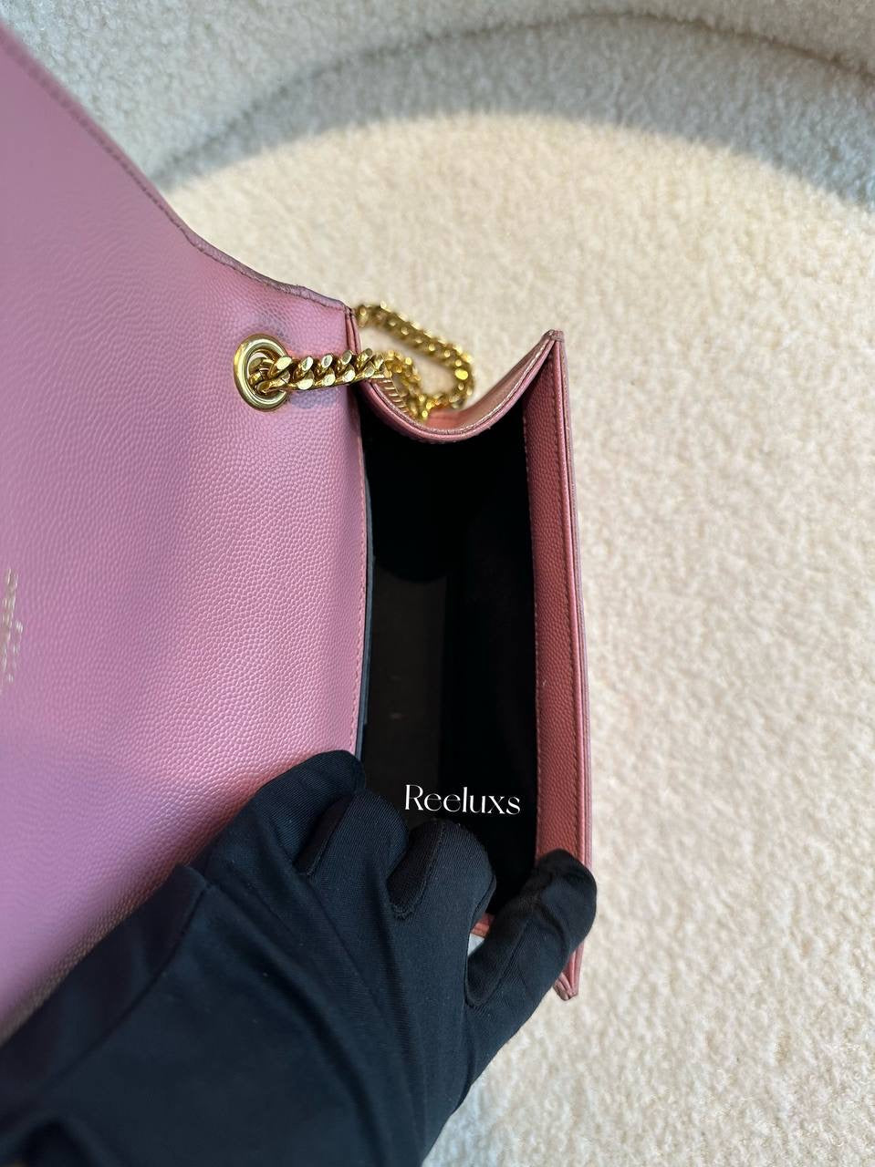 YSL SAINT LAURENT Cassandre Pink Grained Leather Gold Hardware Crossbody Bag