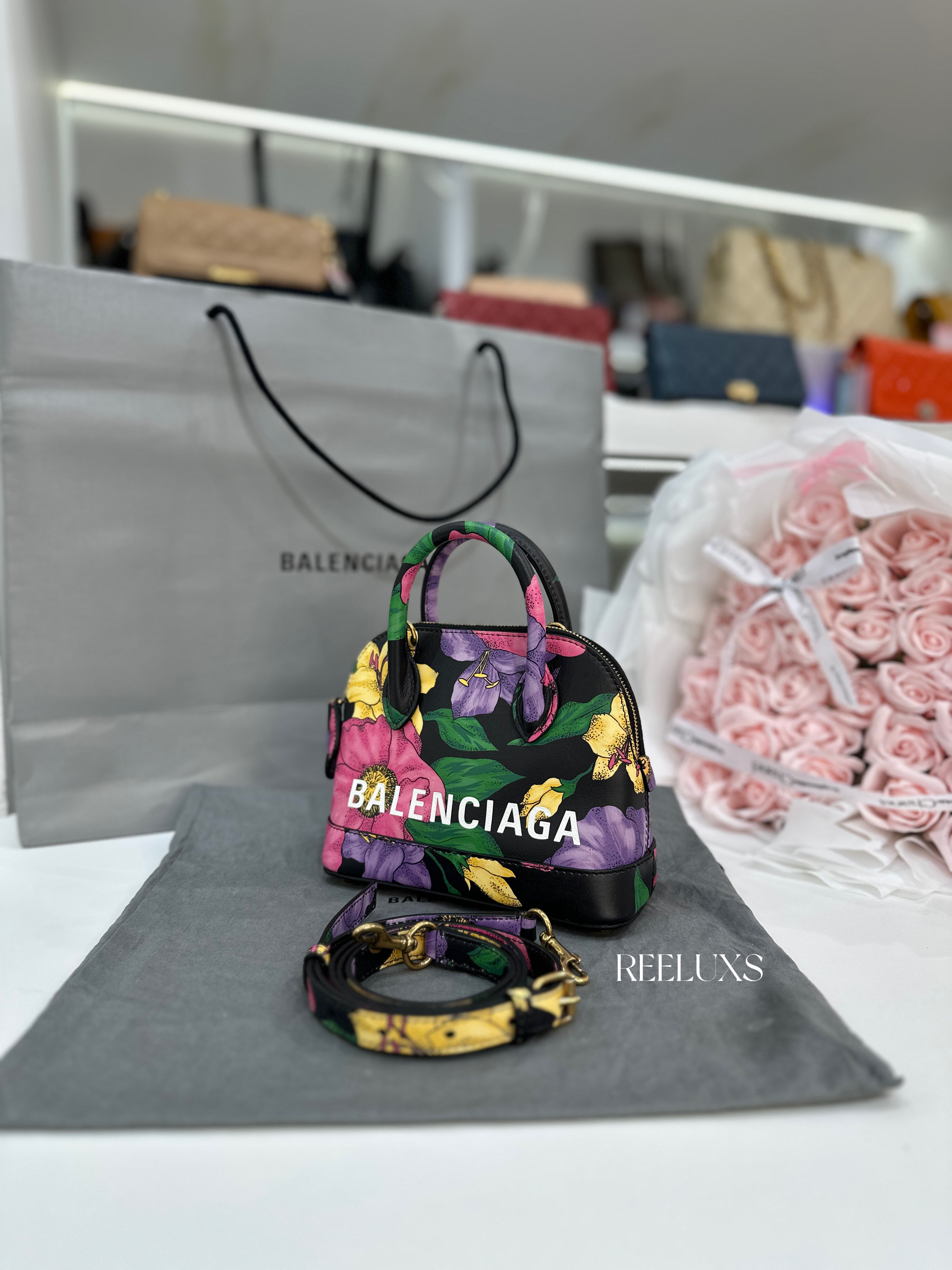 Balenciaga Ville  Multi-Color Lush Floral Print Top Handle Bag
