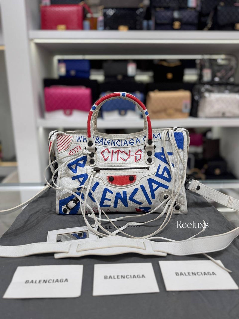 BALENCIAGA White Leather Graffiti City Handbag